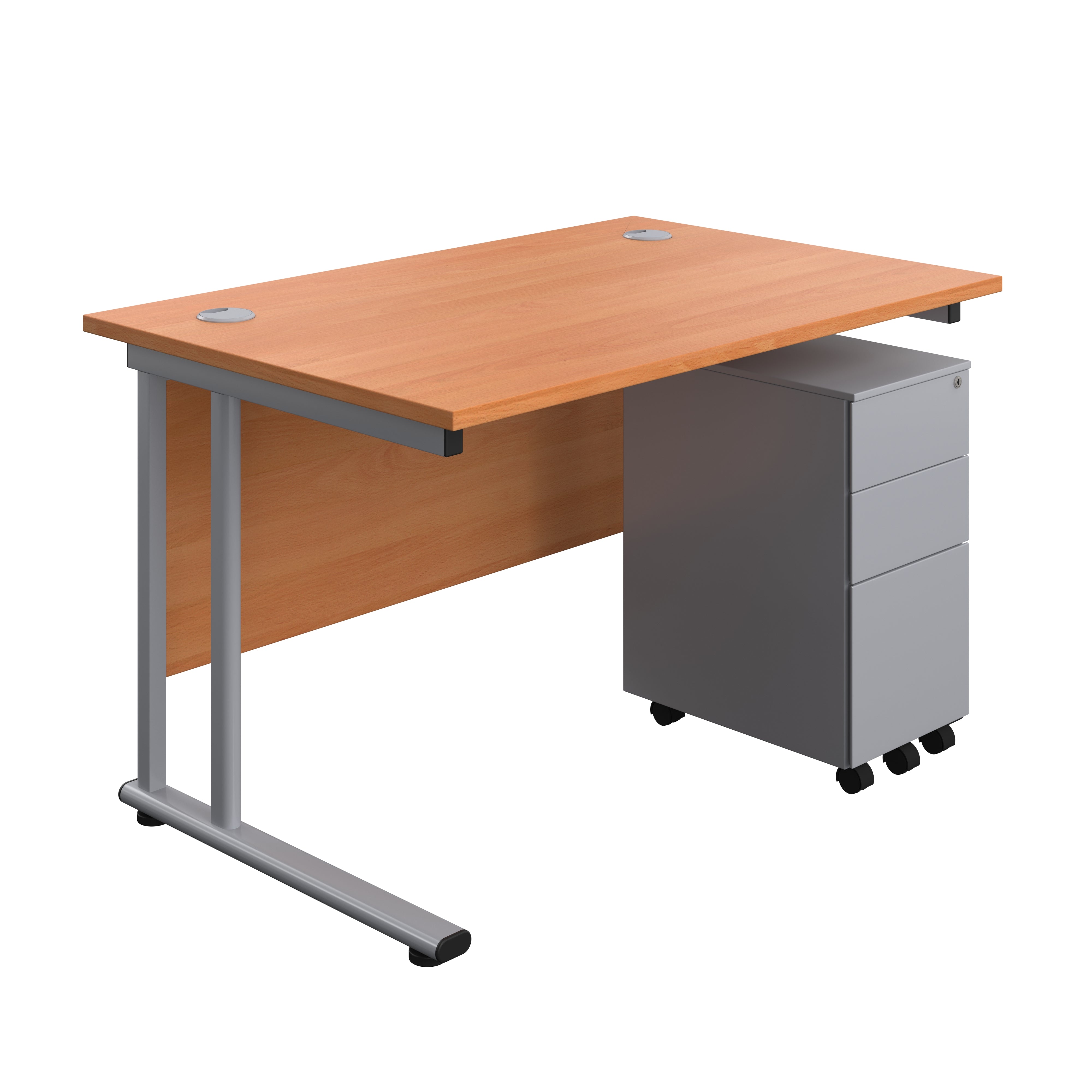 Twin Upright Rectangular Desk + Slimline Steel Pedestal 3 Drawers (FSC) | 1200X800 | Beech/Silver