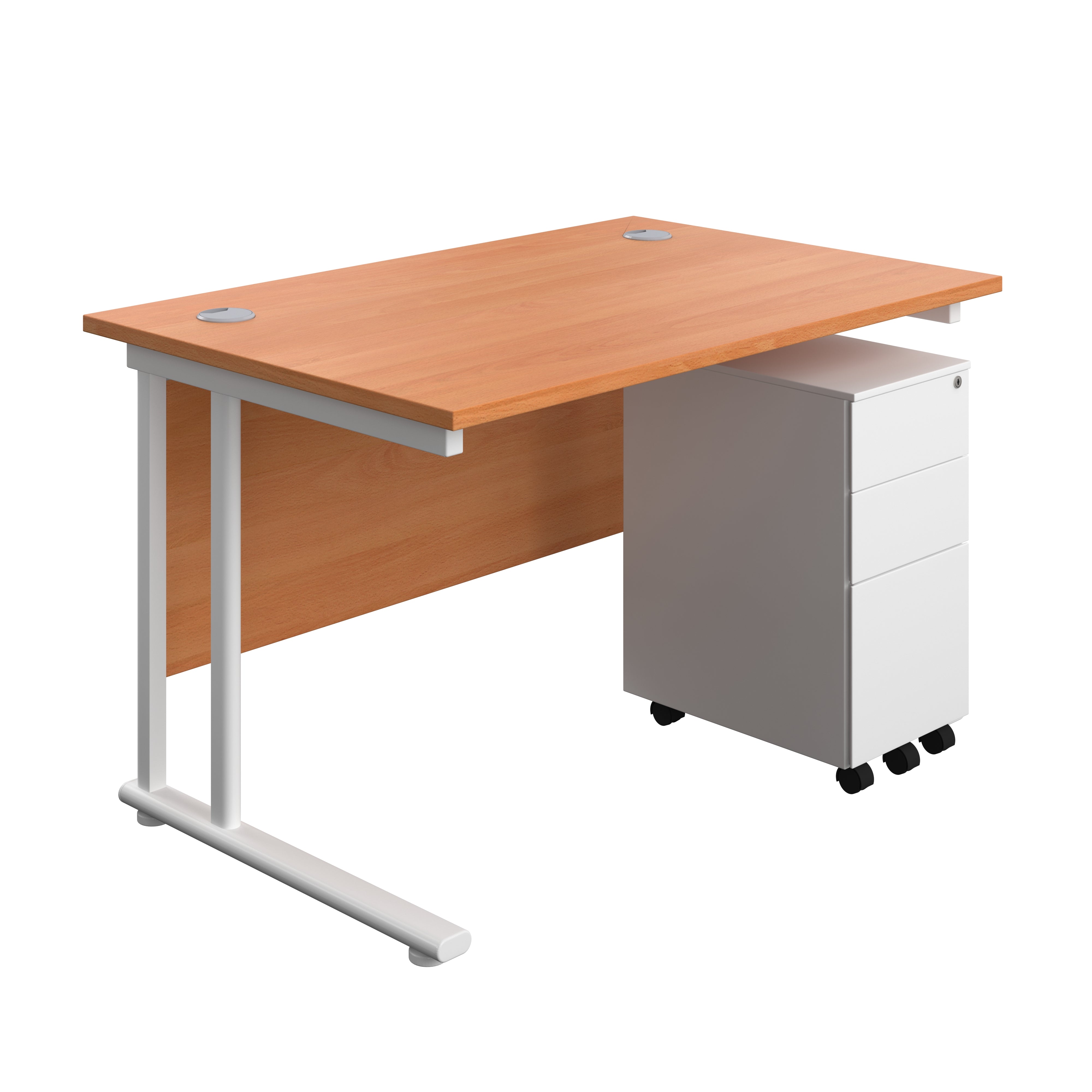 Twin Upright Rectangular Desk + Slimline Steel Pedestal 3 Drawers (FSC) | 1200X800 | Beech/White