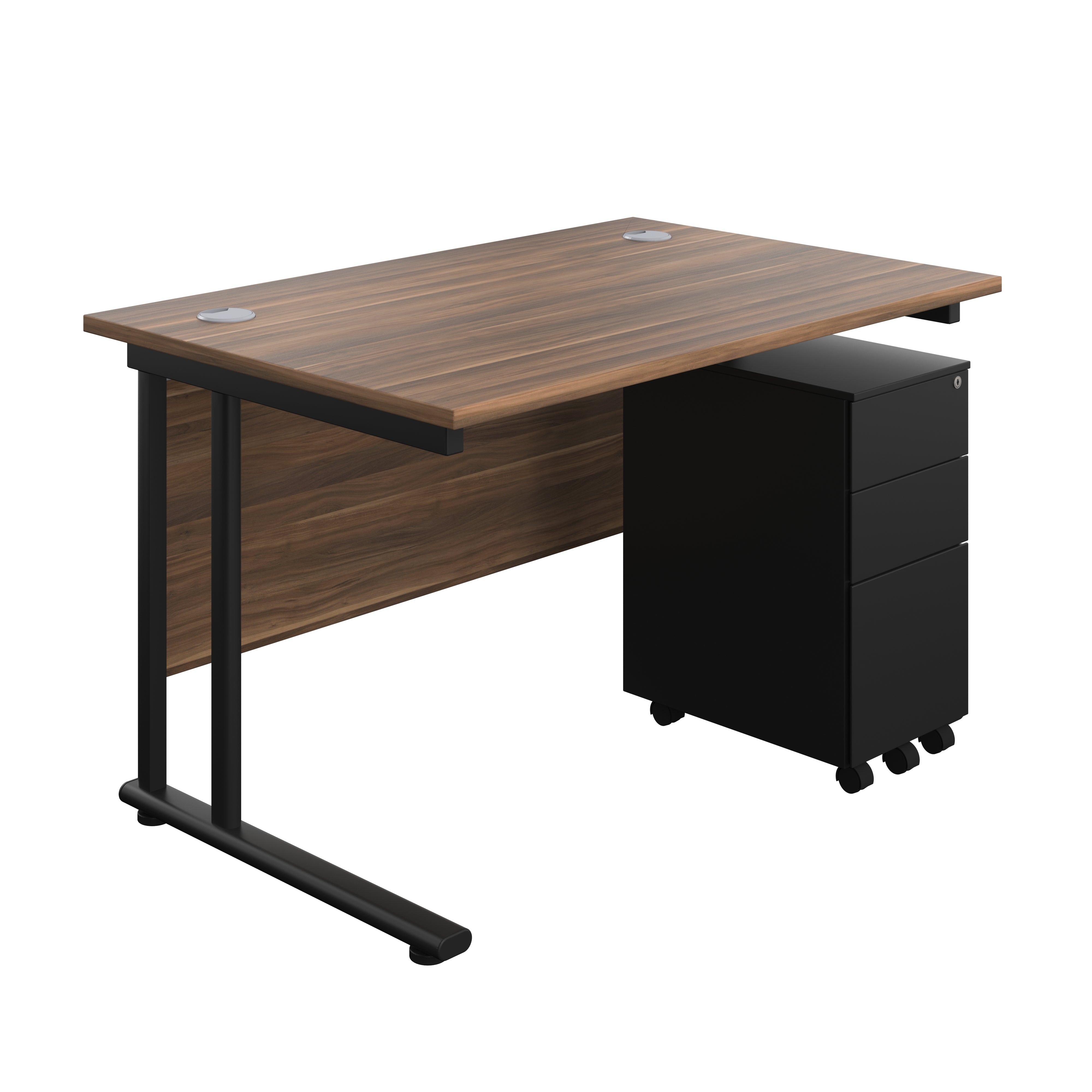 Twin Upright Rectangular Desk + Slimline Steel Pedestal 3 Drawers (FSC) | 1200X800 | Dark Walnut/Black