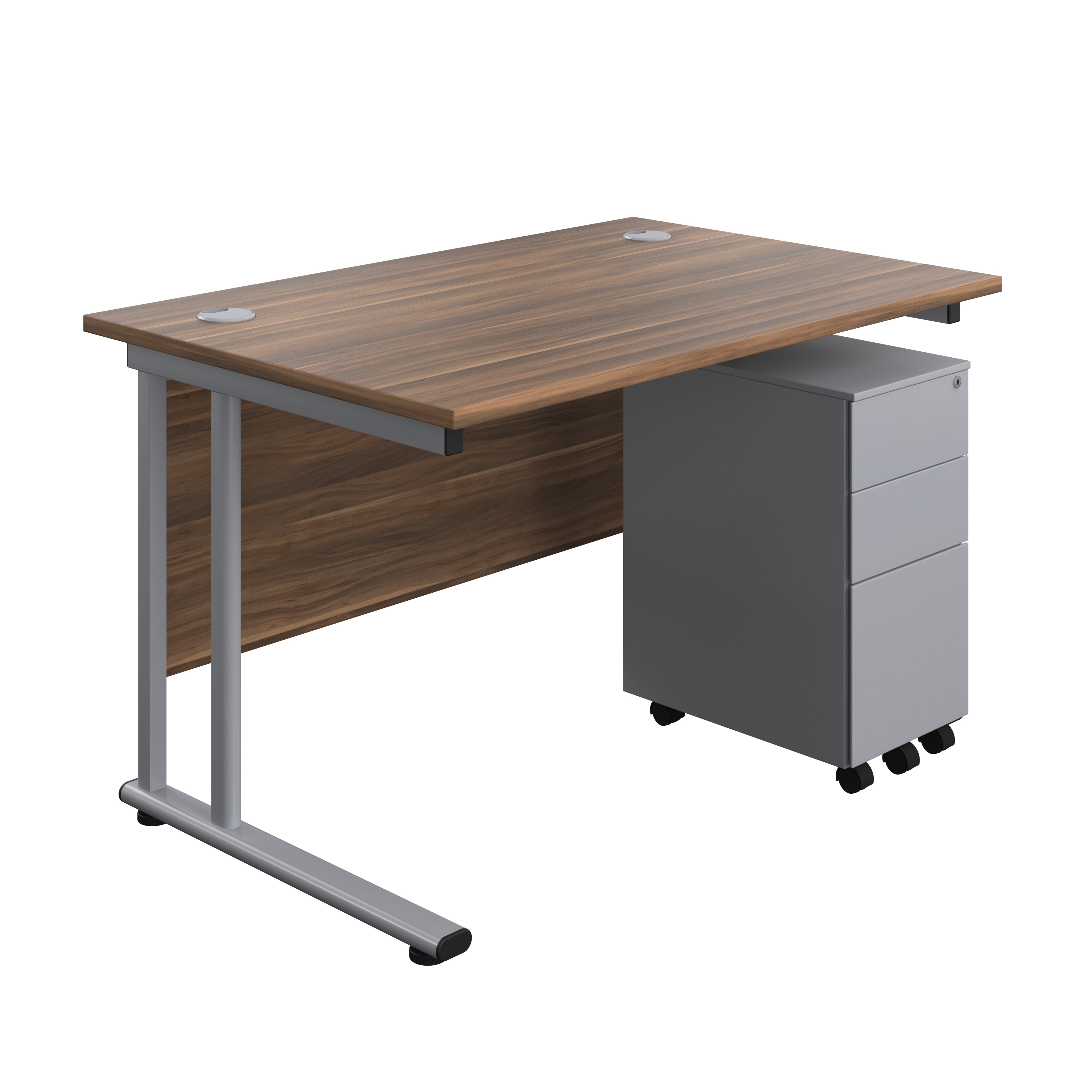 Twin Upright Rectangular Desk + Slimline Steel Pedestal 3 Drawers (FSC) | 1200X800 | Dark Walnut/Silver