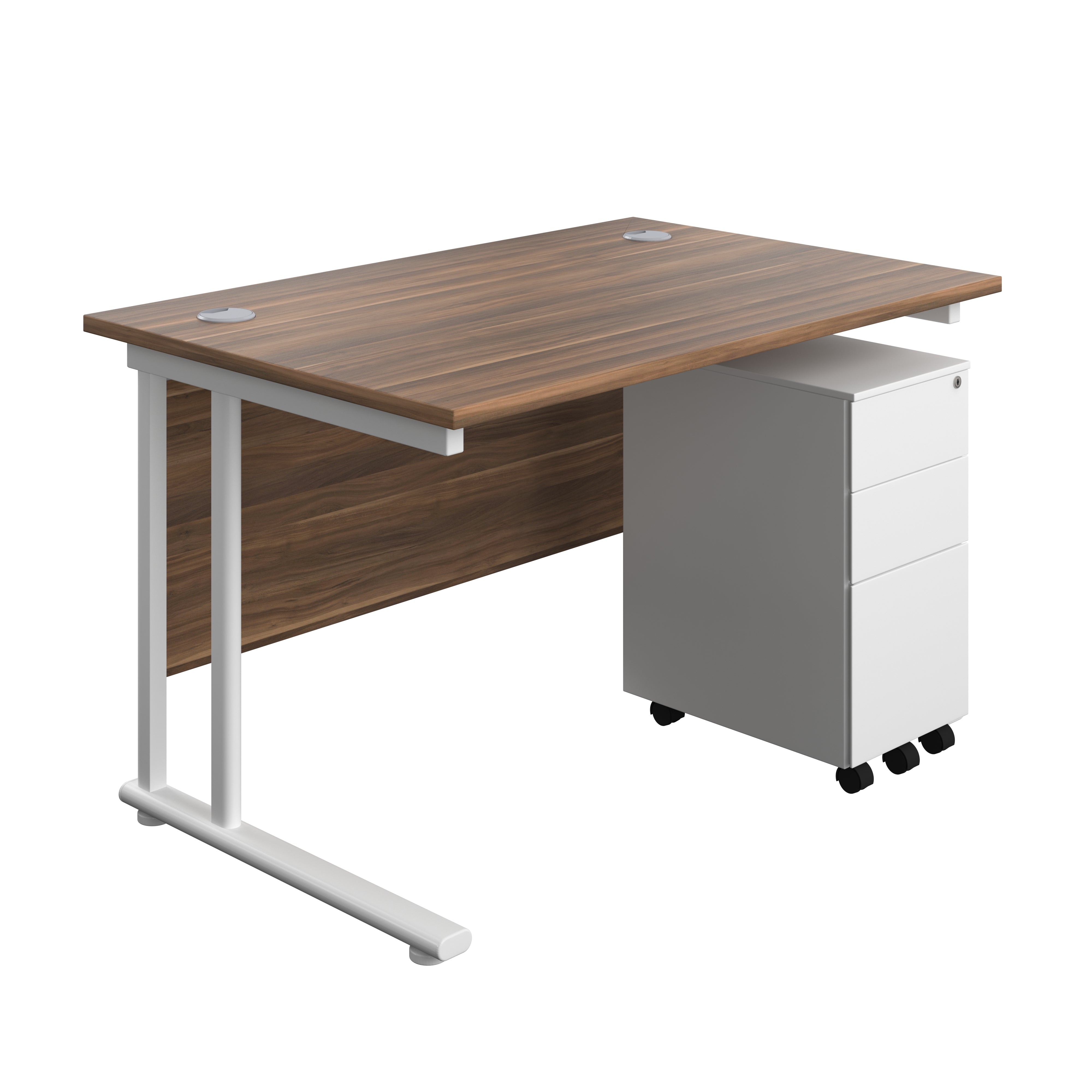 Twin Upright Rectangular Desk + Slimline Steel Pedestal 3 Drawers (FSC) | 1200X800 | Dark Walnut/White