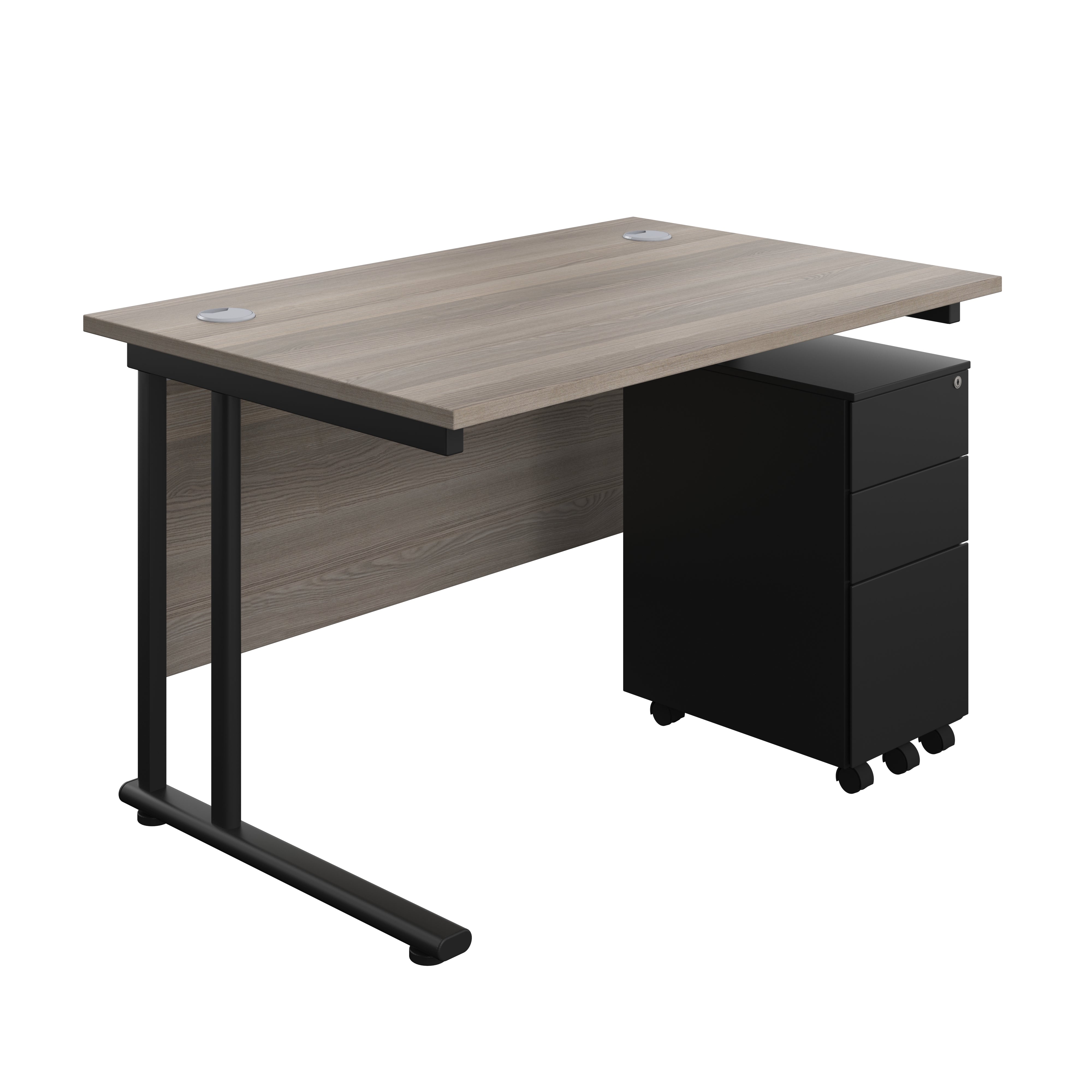 Twin Upright Rectangular Desk + Slimline Steel Pedestal 3 Drawers (FSC) | 1200X800 | Grey Oak/Black