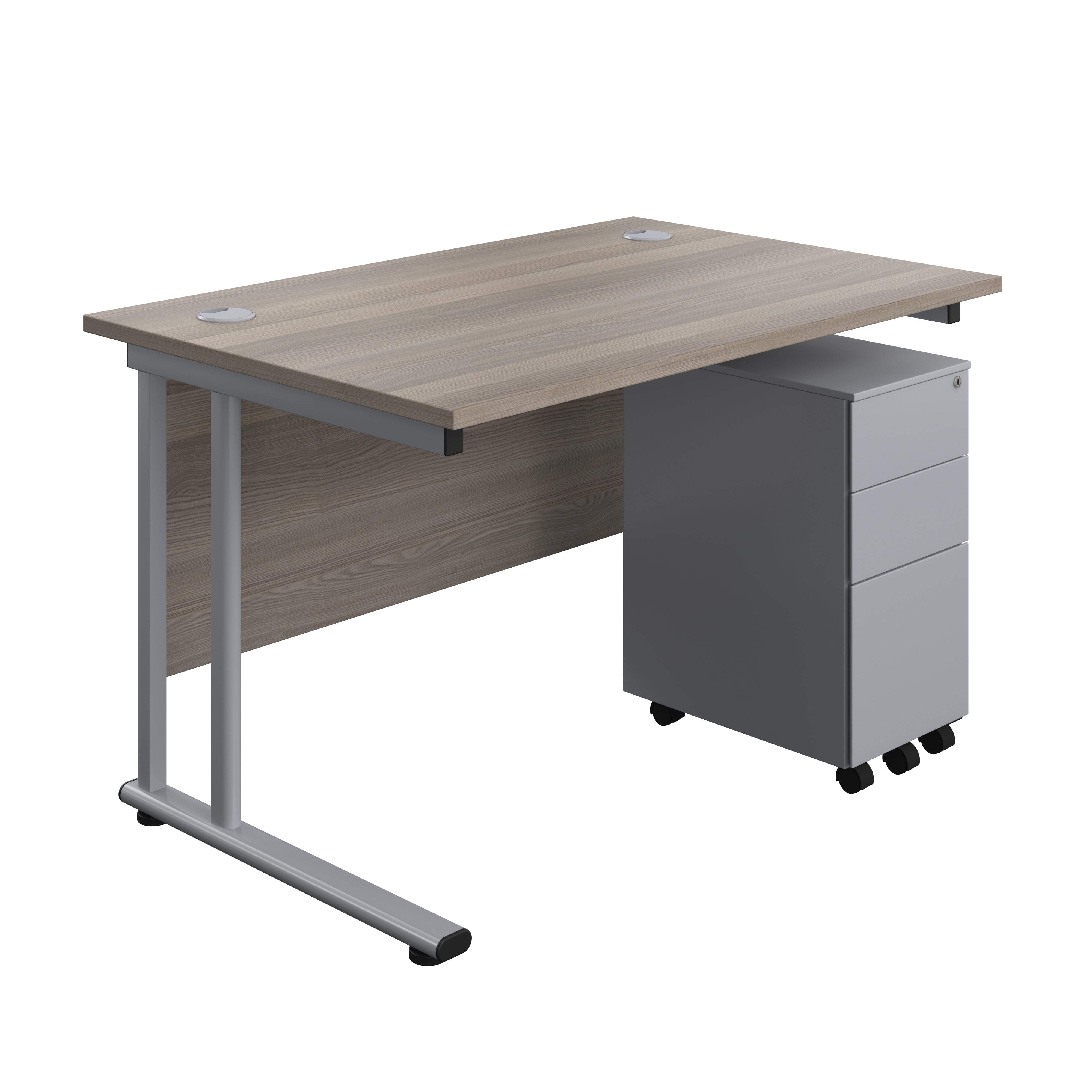 Twin Upright Rectangular Desk + Slimline Steel Pedestal 3 Drawers (FSC) | 1200X800 | Grey Oak/Silver