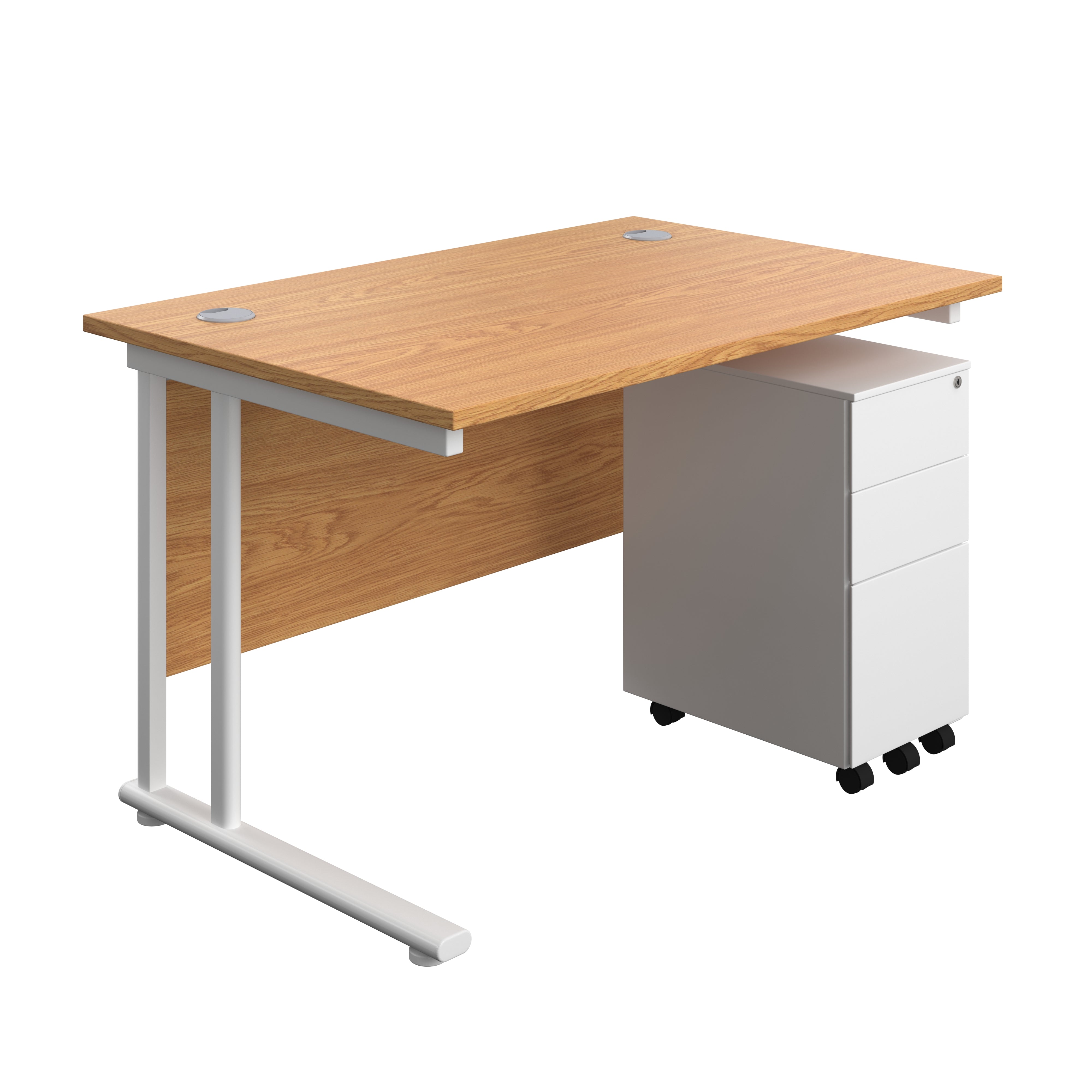 Twin Upright Rectangular Desk + Slimline Steel Pedestal 3 Drawers (FSC) | 1200X800 | Nova Oak/White