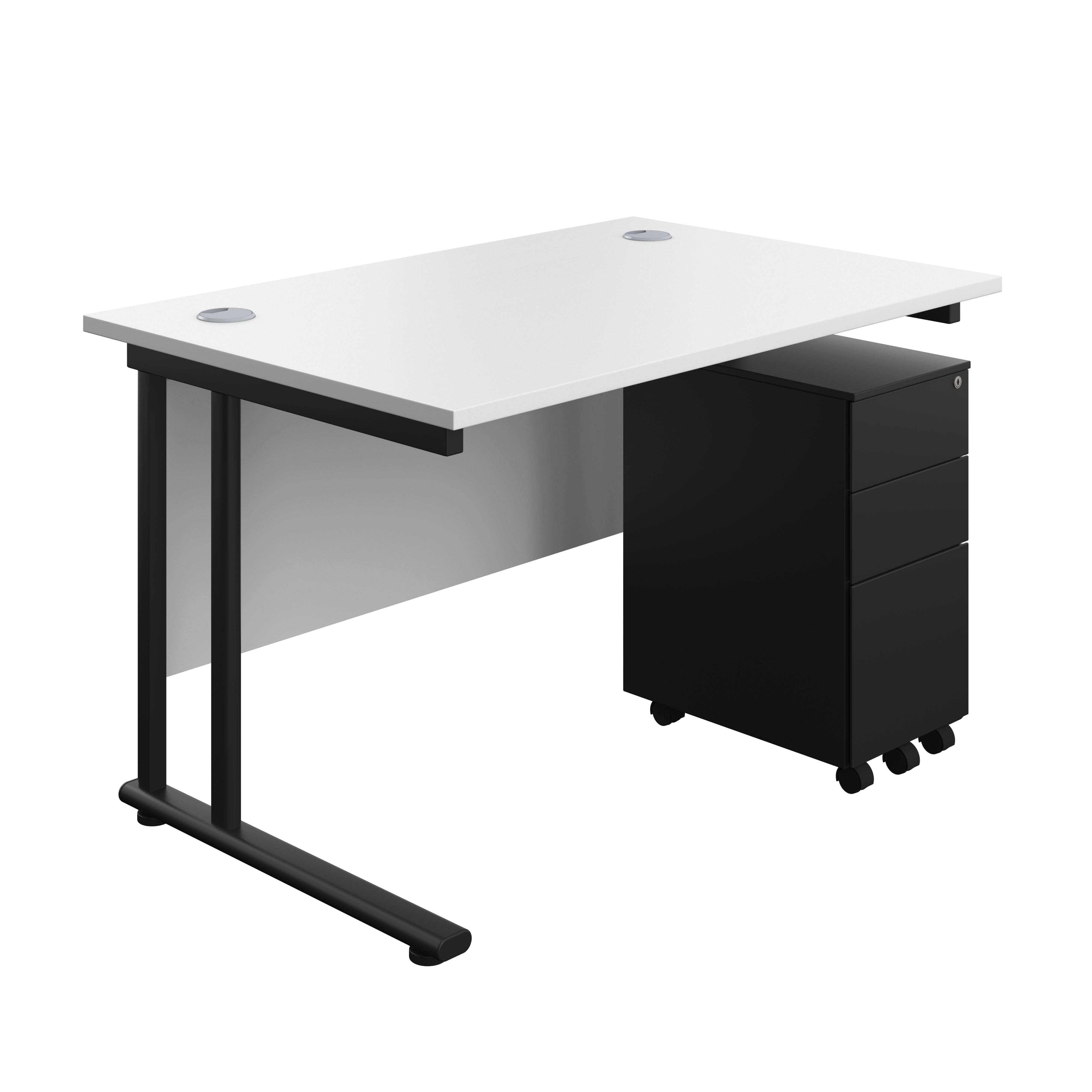 Twin Upright Rectangular Desk + Slimline Steel Pedestal 3 Drawers (FSC) | 1200X800 | White/Black