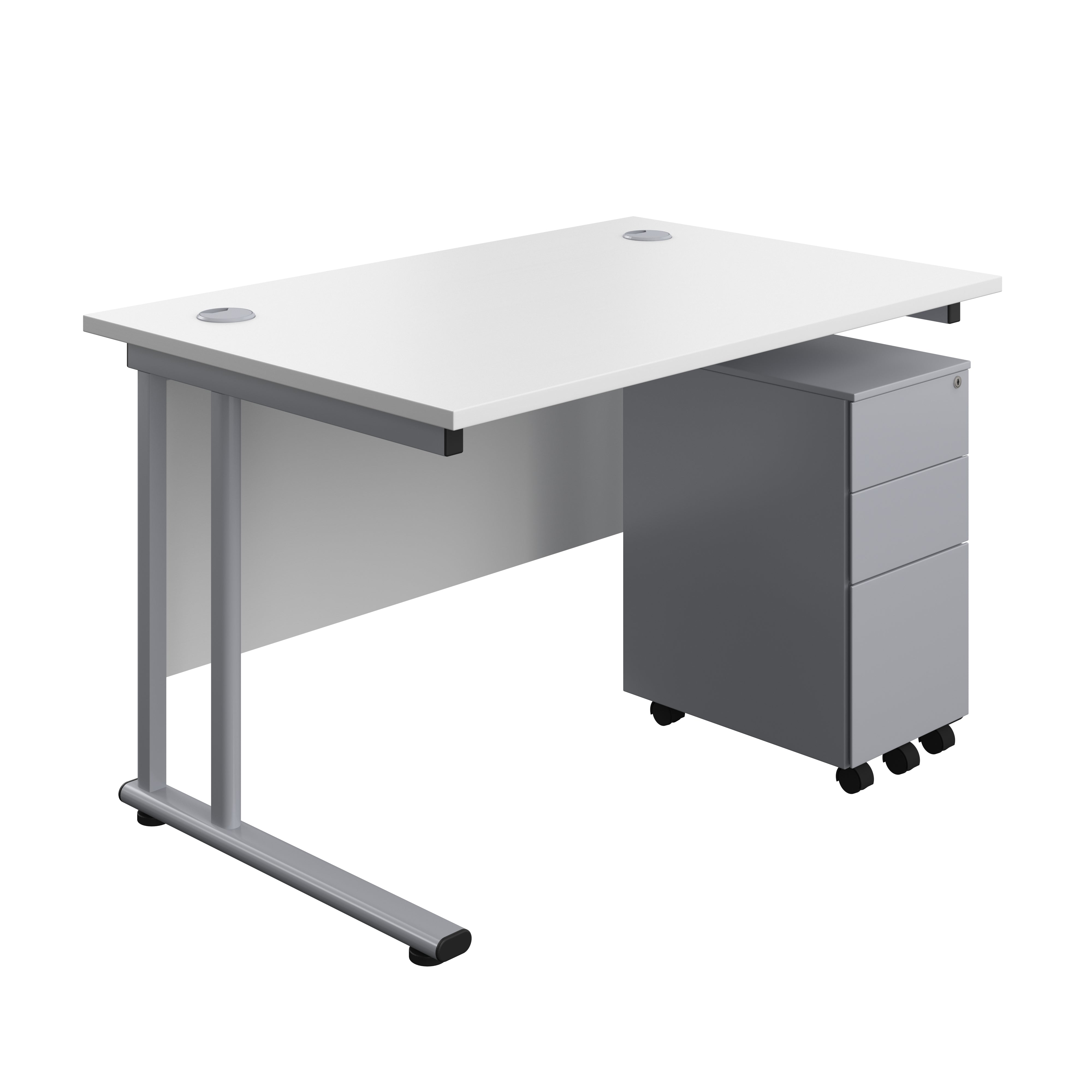 Twin Upright Rectangular Desk + Slimline Steel Pedestal 3 Drawers (FSC) | 1200X800 | White/Silver