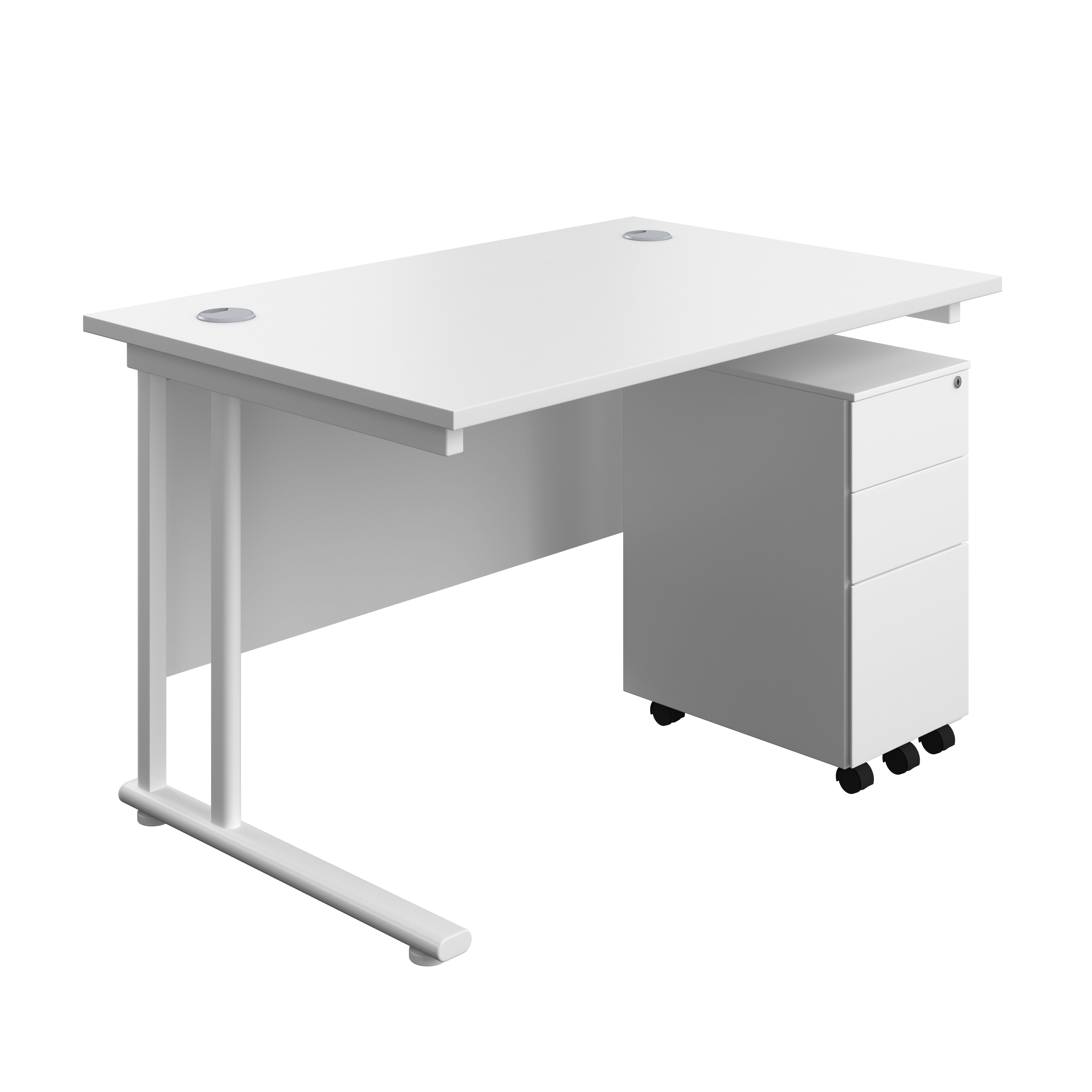 Twin Upright Rectangular Desk + Slimline Steel Pedestal 3 Drawers (FSC) | 1200X800 | White/White