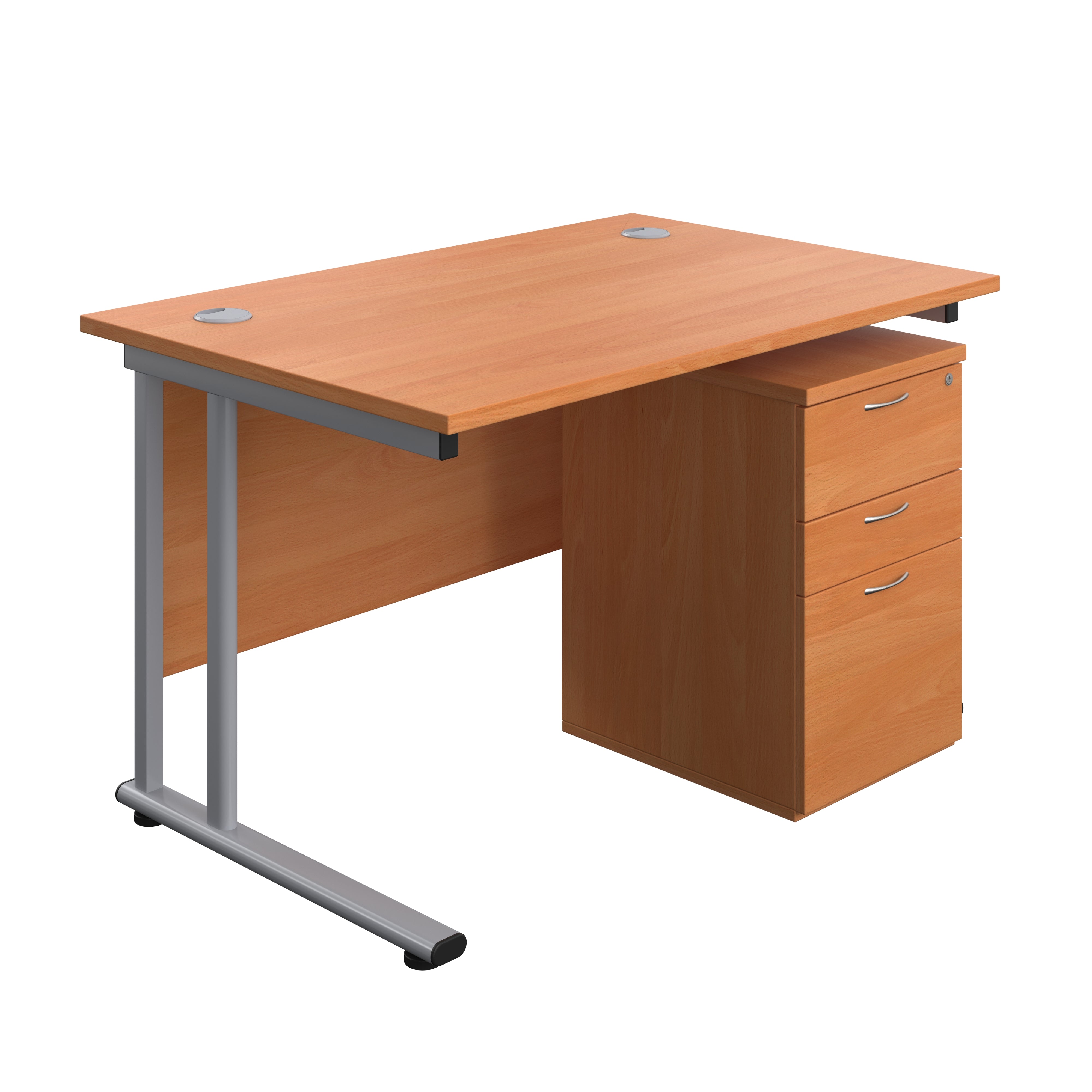 Twin Upright Rectangular Desk + High Mobile Pedestal 3 Drawer (FSC) | 1200X800 | Beech/Silver