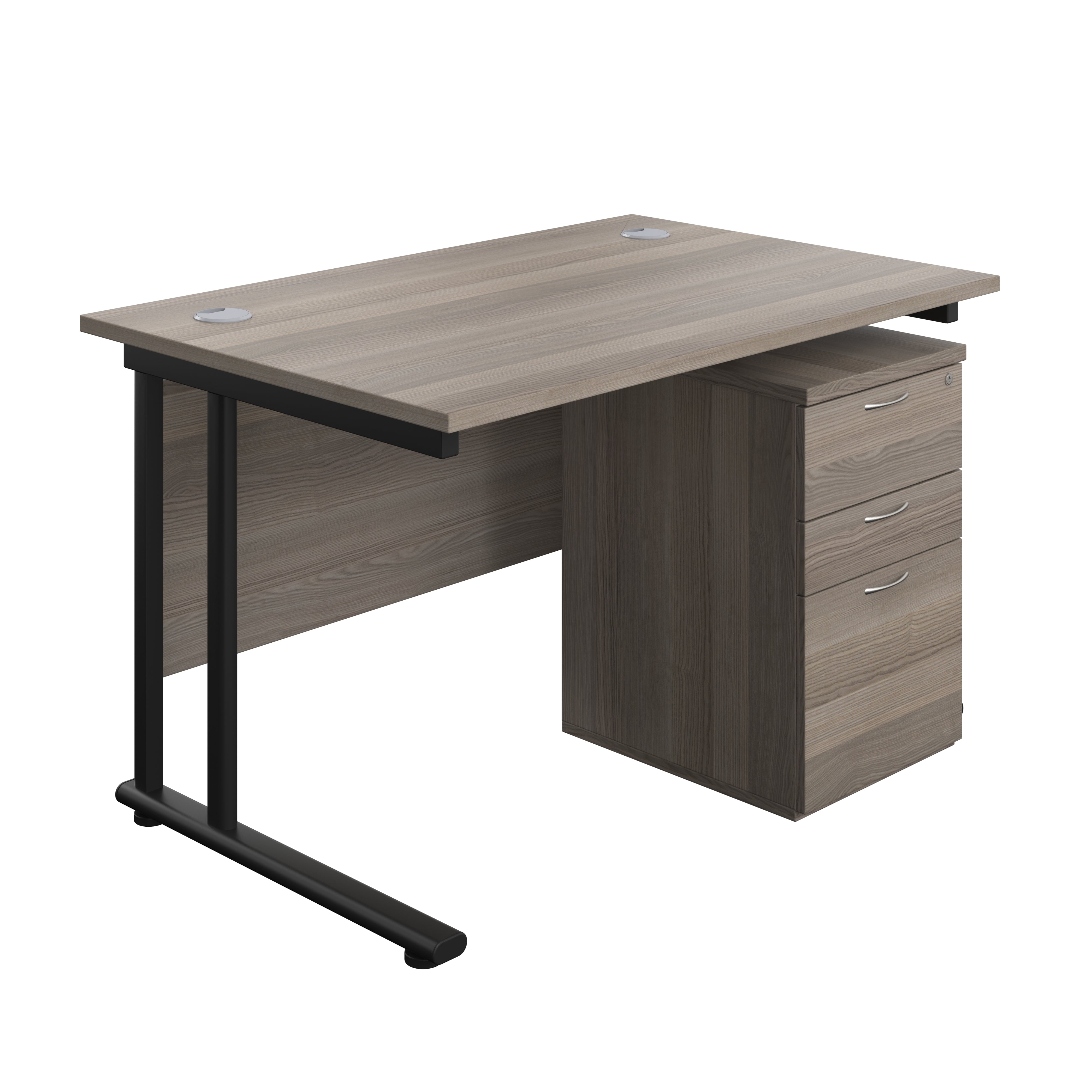 Twin Upright Rectangular Desk + High Mobile Pedestal 3 Drawer (FSC) | 1200X800 | Grey Oak/Black