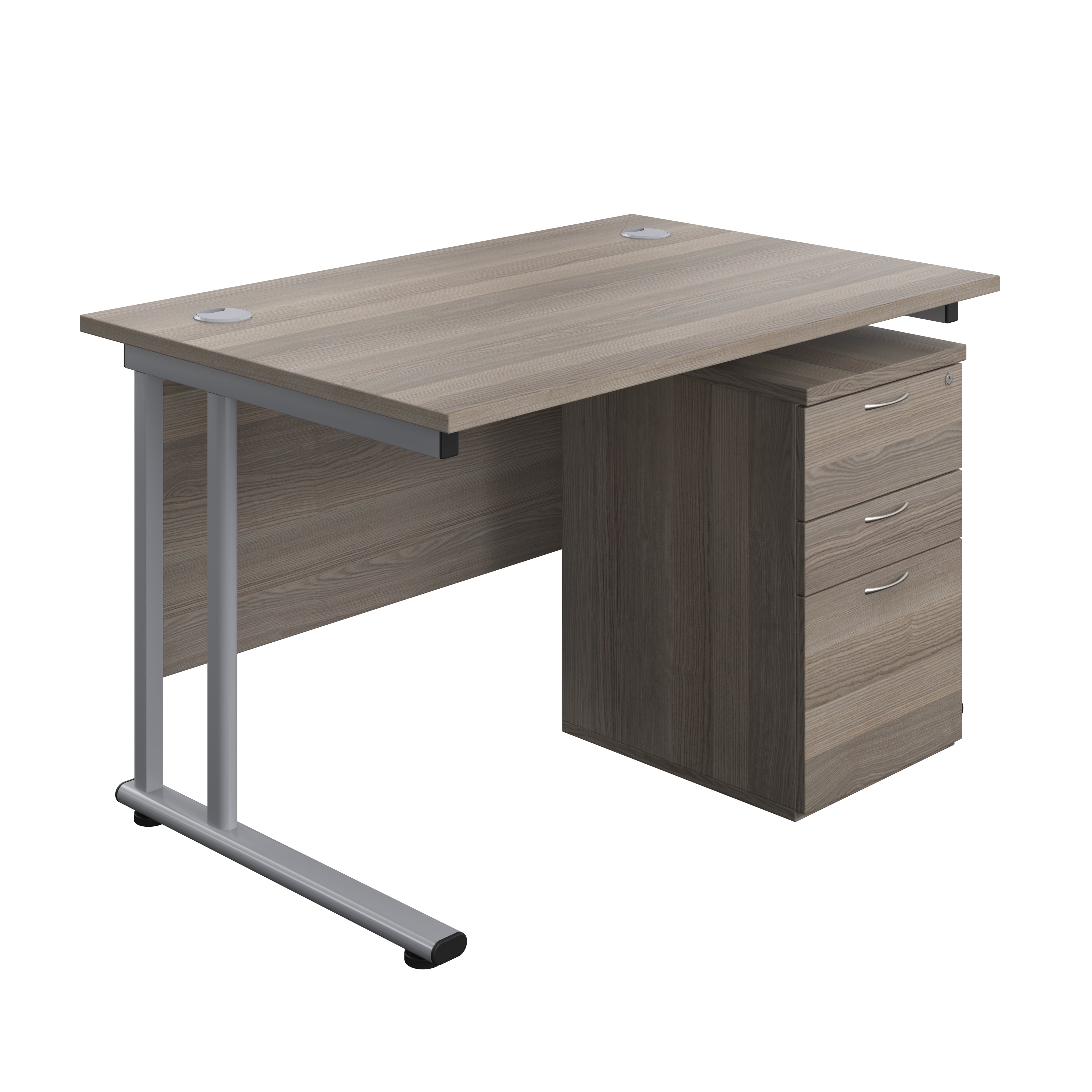 Twin Upright Rectangular Desk + High Mobile Pedestal 3 Drawer (FSC) | 1200X800 | Grey Oak/Silver