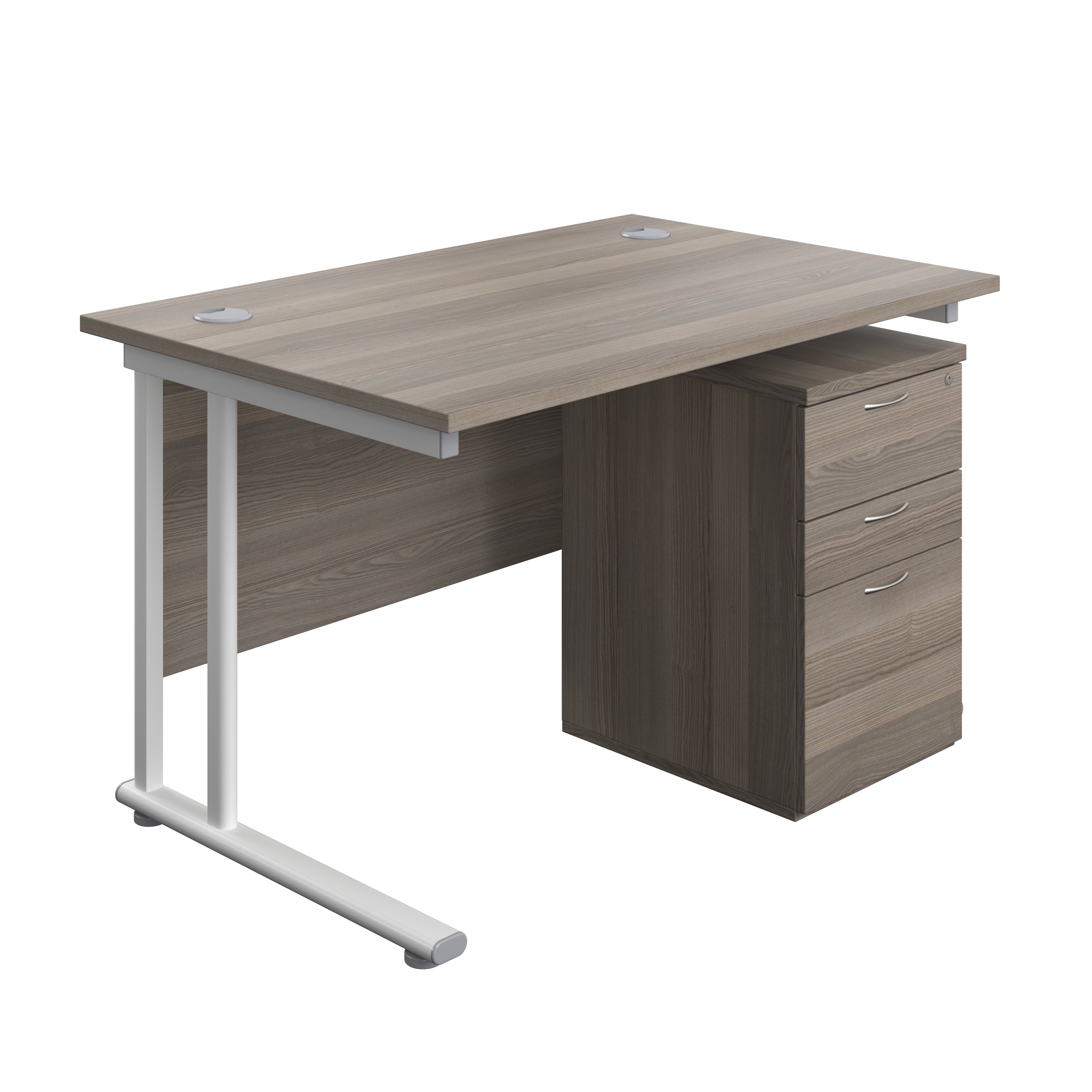 Twin Upright Rectangular Desk + High Mobile Pedestal 3 Drawer (FSC) | 1200X800 | Grey Oak/White