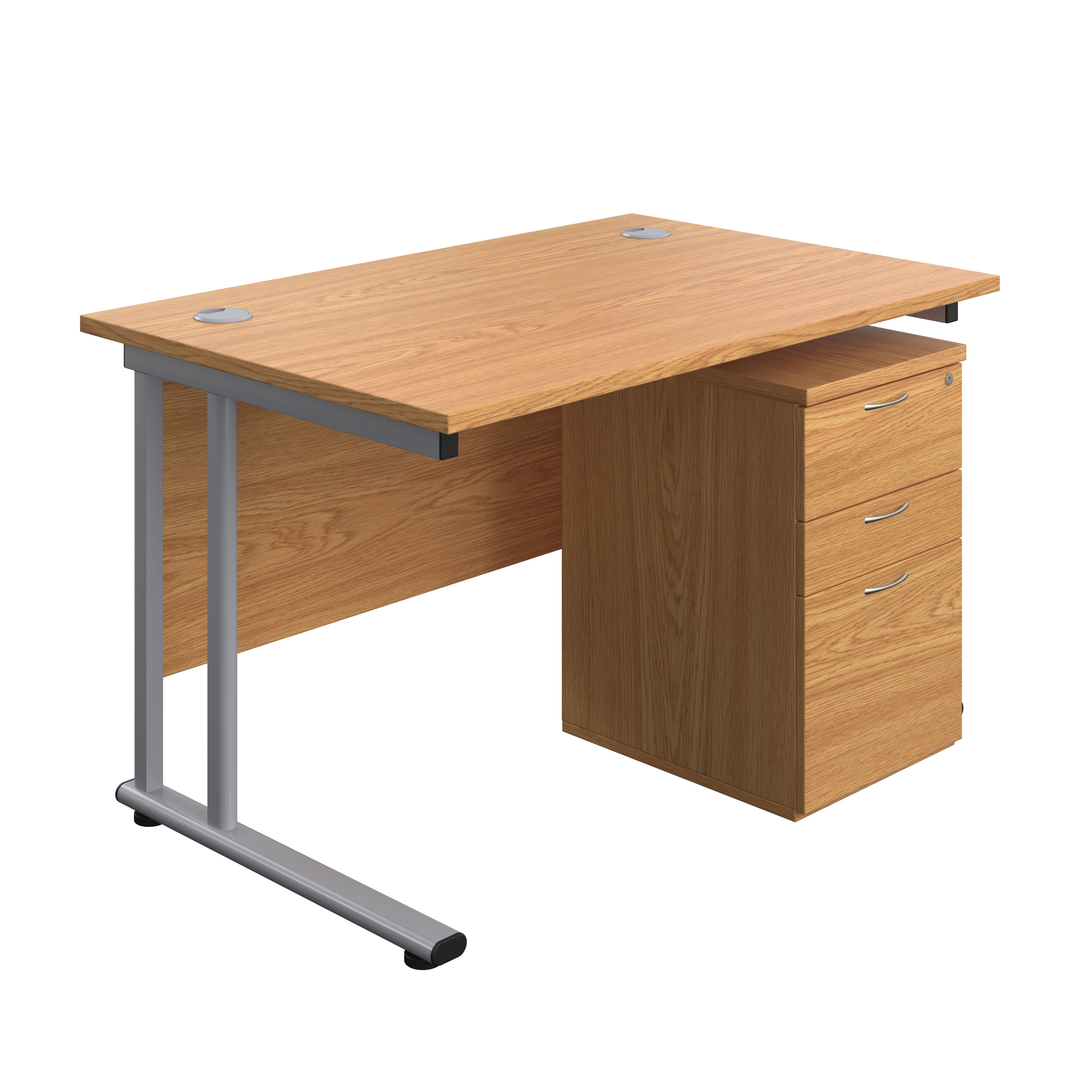 Twin Upright Rectangular Desk + High Mobile Pedestal 3 Drawer (FSC) | 1200X800 | Nova Oak/Silver