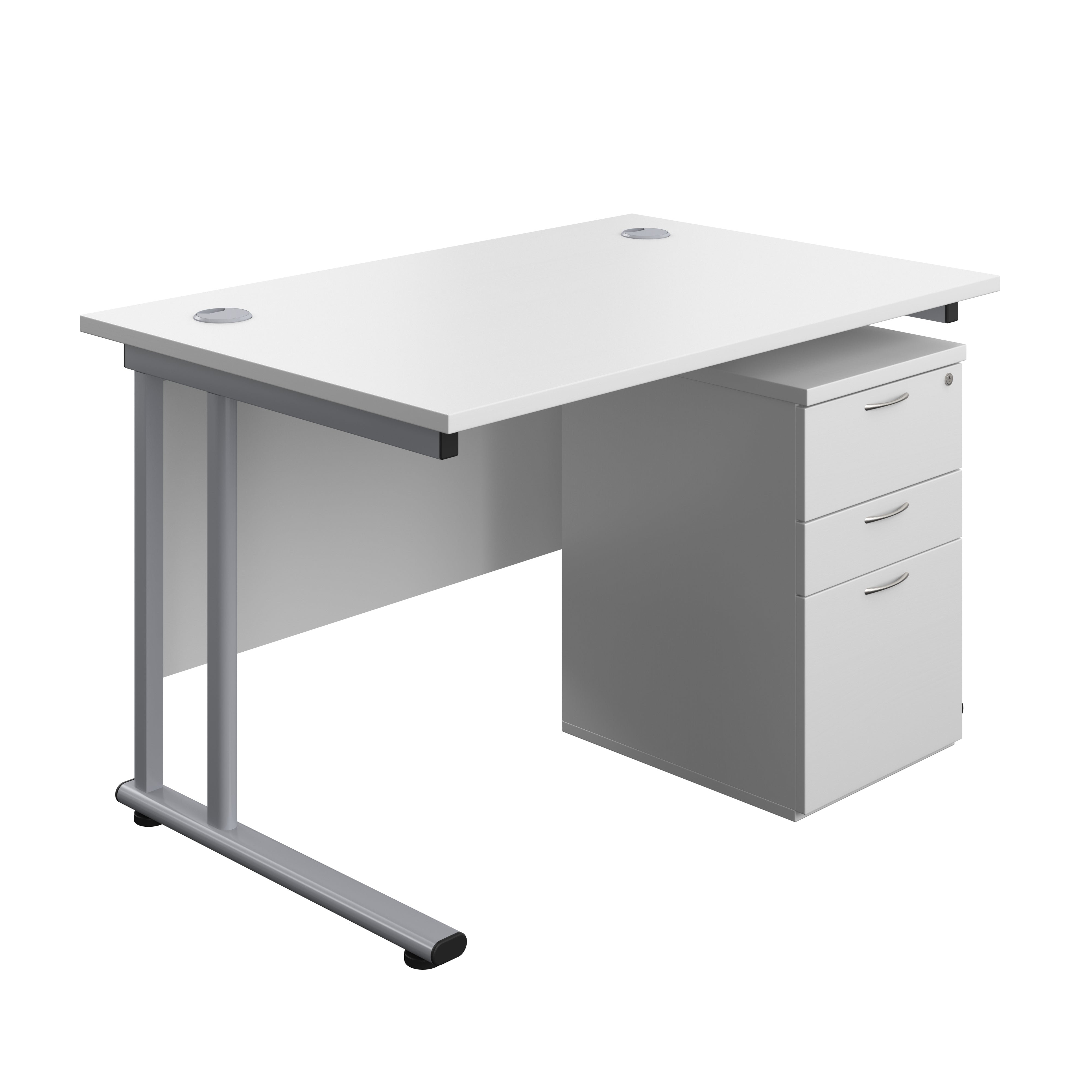 Twin Upright Rectangular Desk + High Mobile Pedestal 3 Drawer (FSC) | 1200X800 | White/Silver