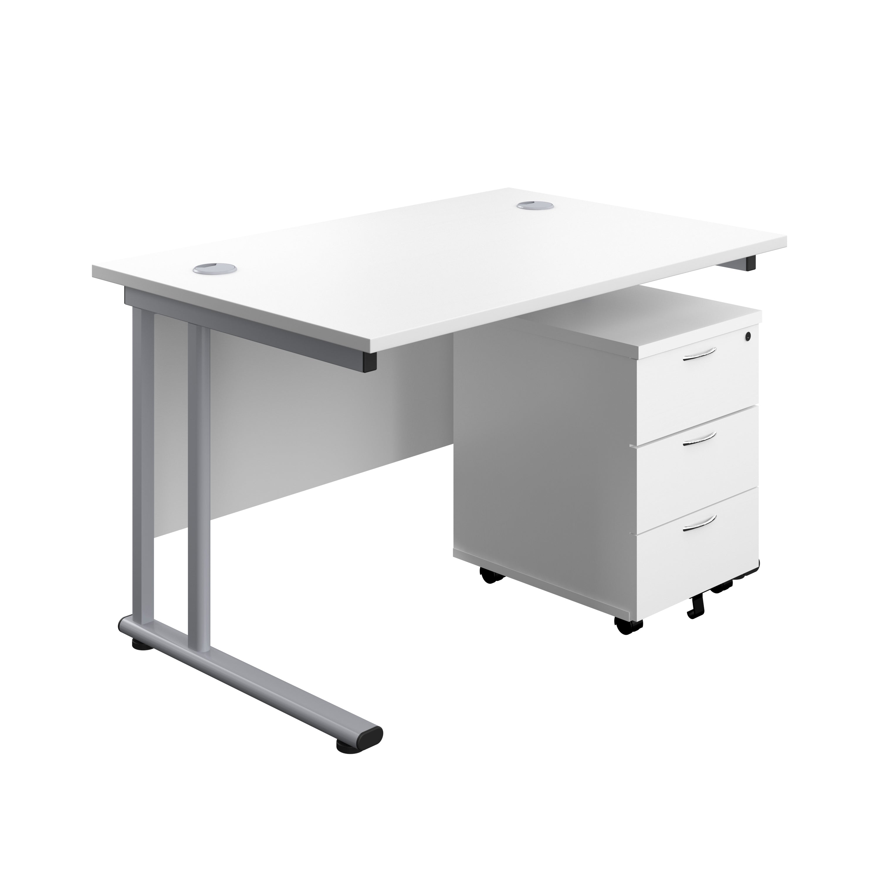 Twin Upright Rectangular Desk + Mobile 3 Drawer Pedestal (FSC) | 1200X800 | White/Silver