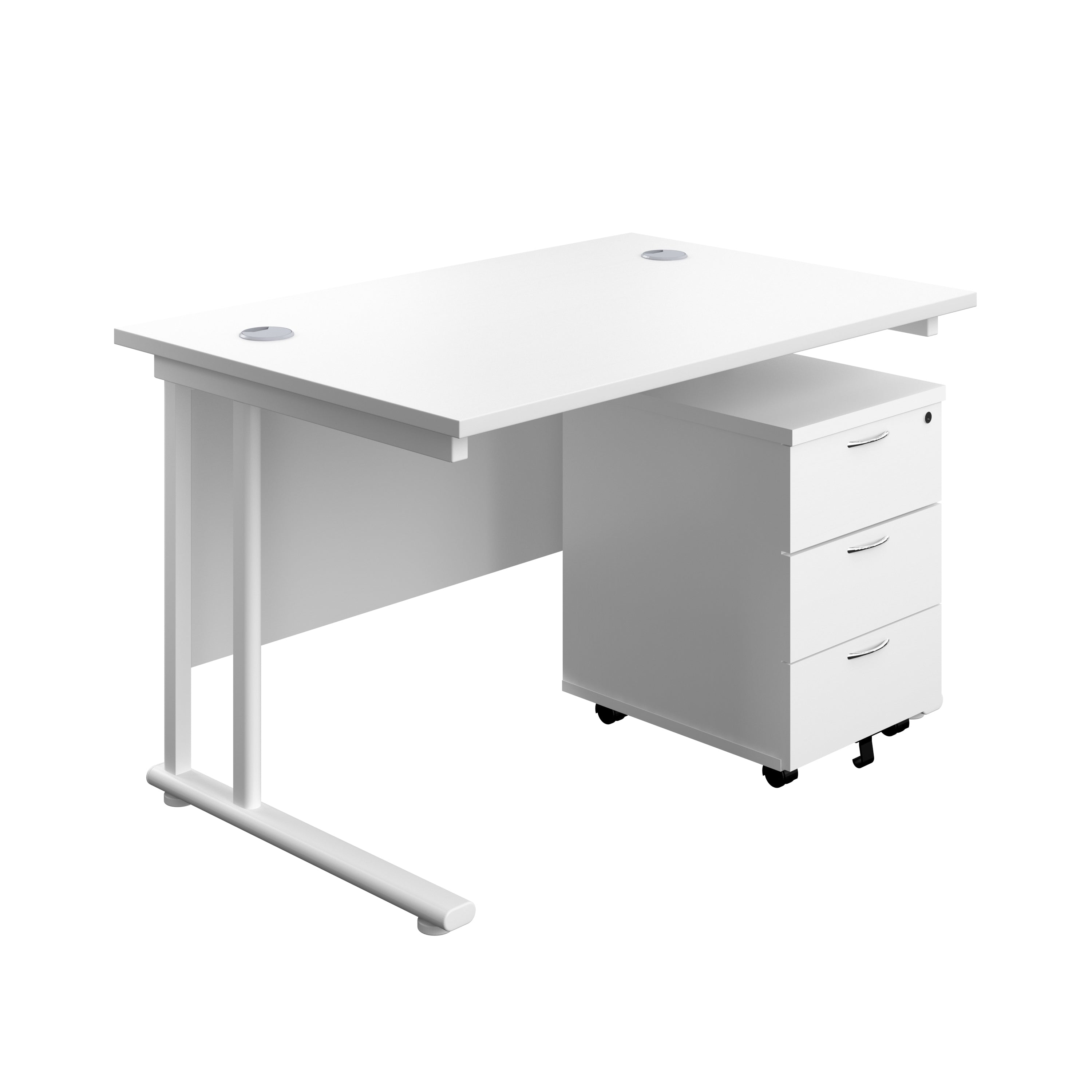Twin Upright Rectangular Desk + Mobile 3 Drawer Pedestal (FSC) | 1200X800 | White/White