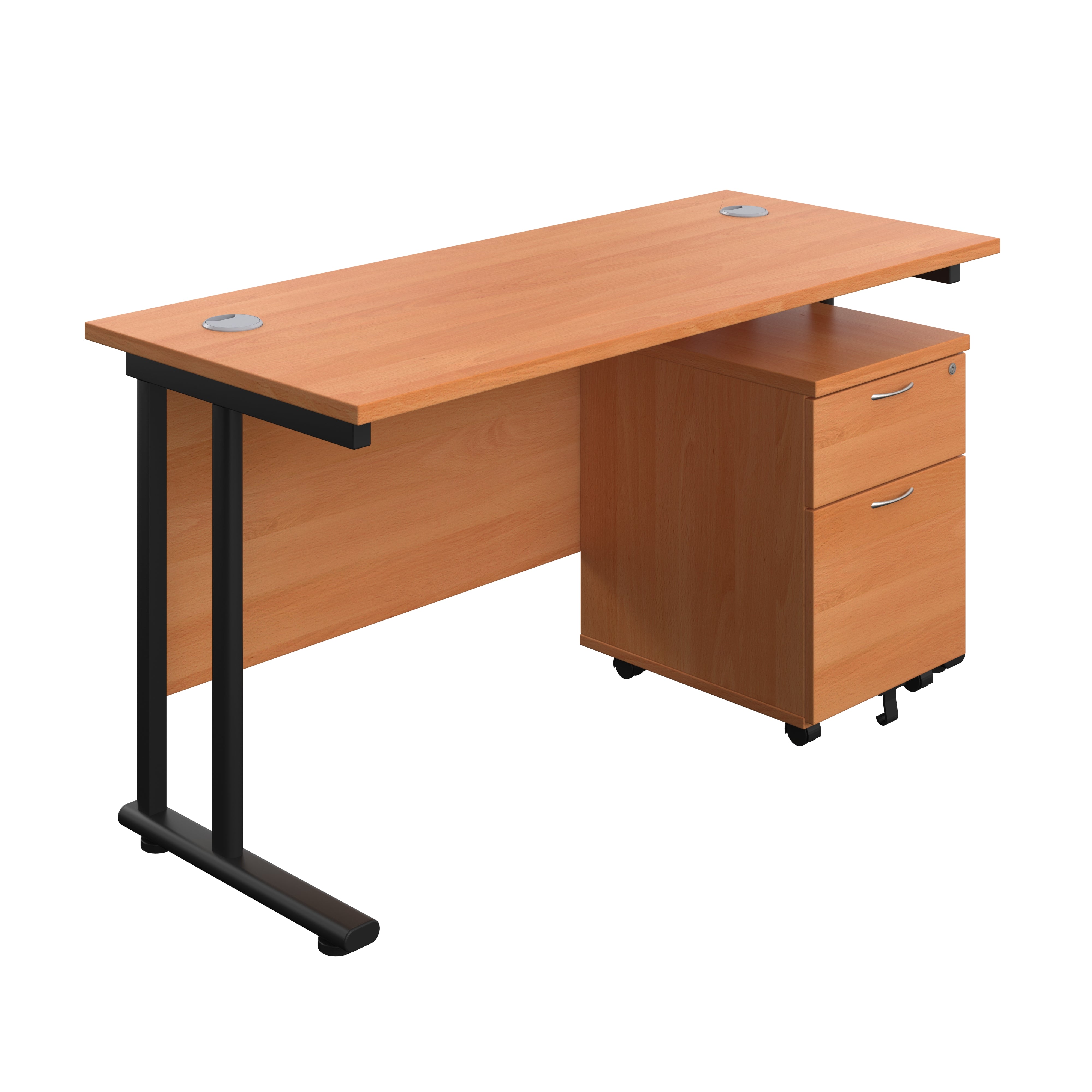 Twin Upright Rectangular Desk + Mobile 2 Drawer Pedestal (FSC) | 1400X600 | Beech/Black