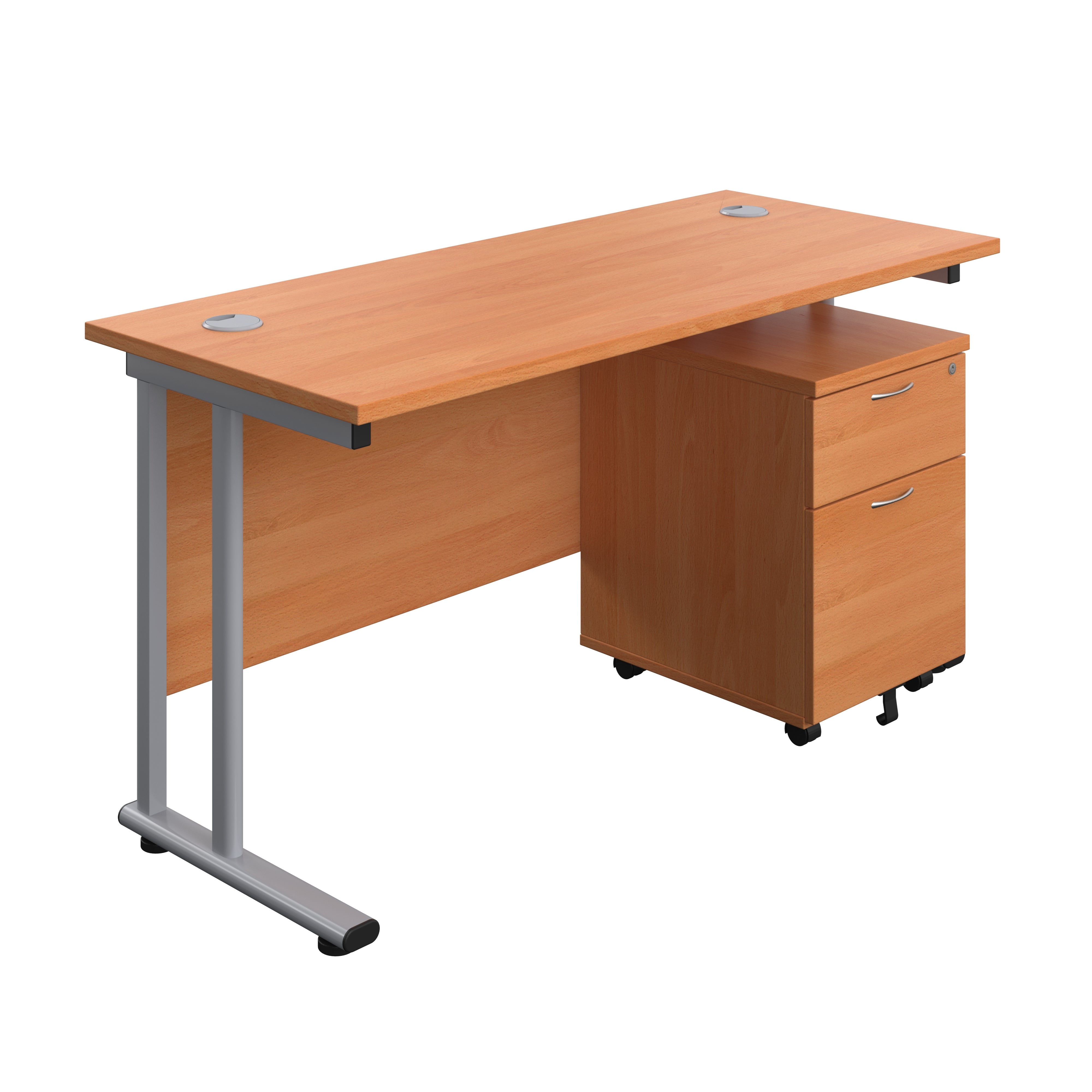 Twin Upright Rectangular Desk + Mobile 2 Drawer Pedestal (FSC) | 1400X600 | Beech/Silver