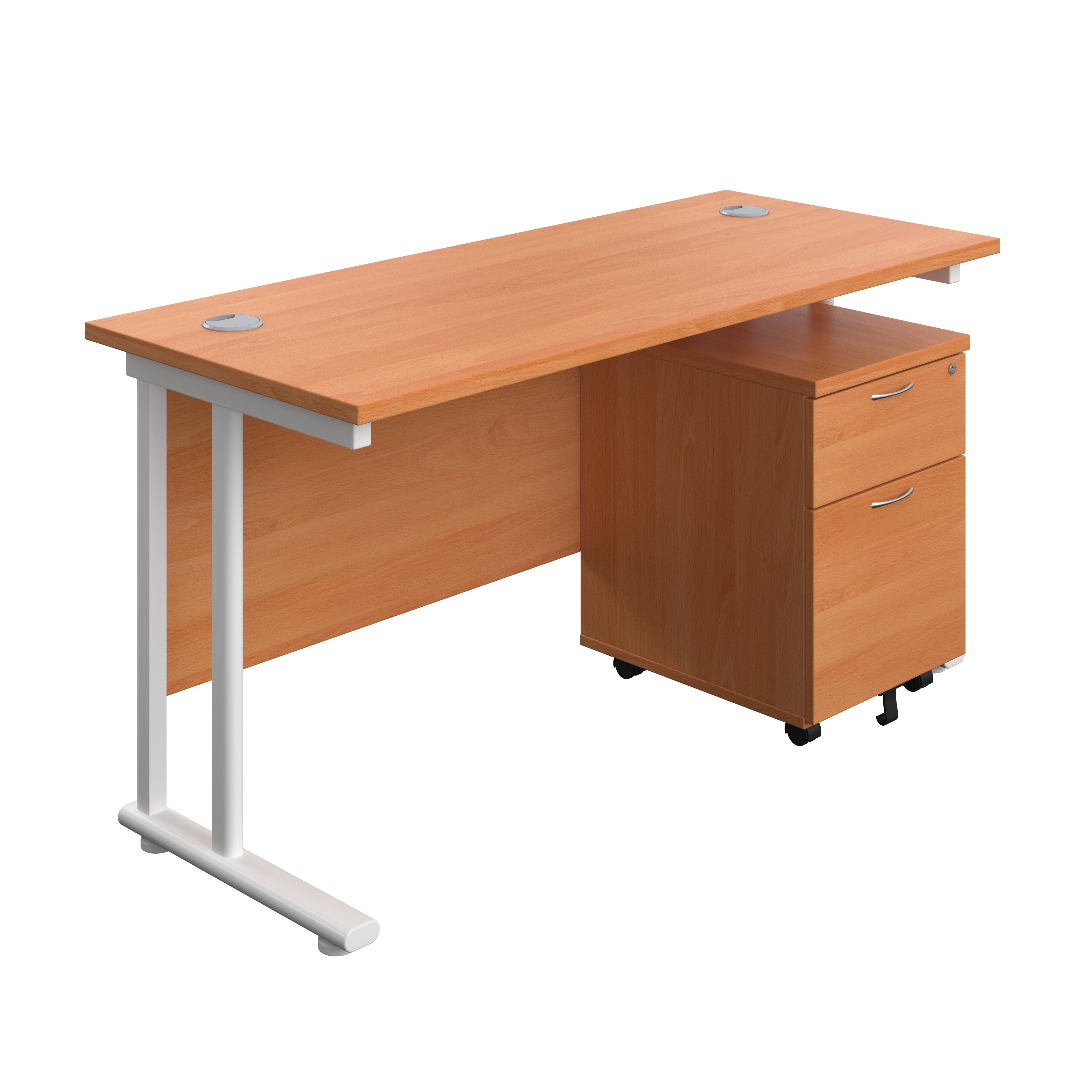 Twin Upright Rectangular Desk + Mobile 2 Drawer Pedestal (FSC) | 1400X600 | Beech/White