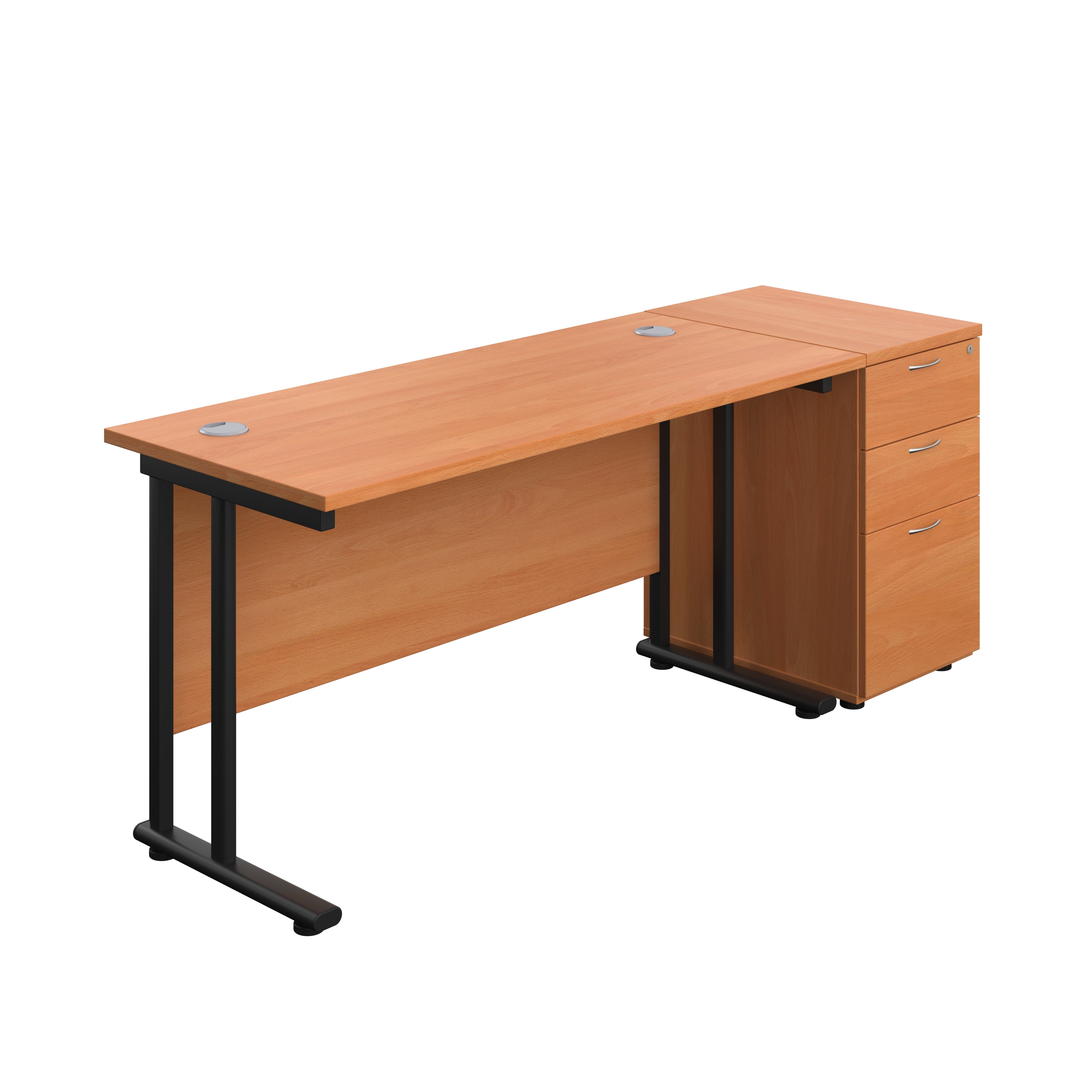 Twin Upright Rectangular Desk + Desk High 3 Drawer Pedestal (FSC) | 1400X600 | Beech/Black
