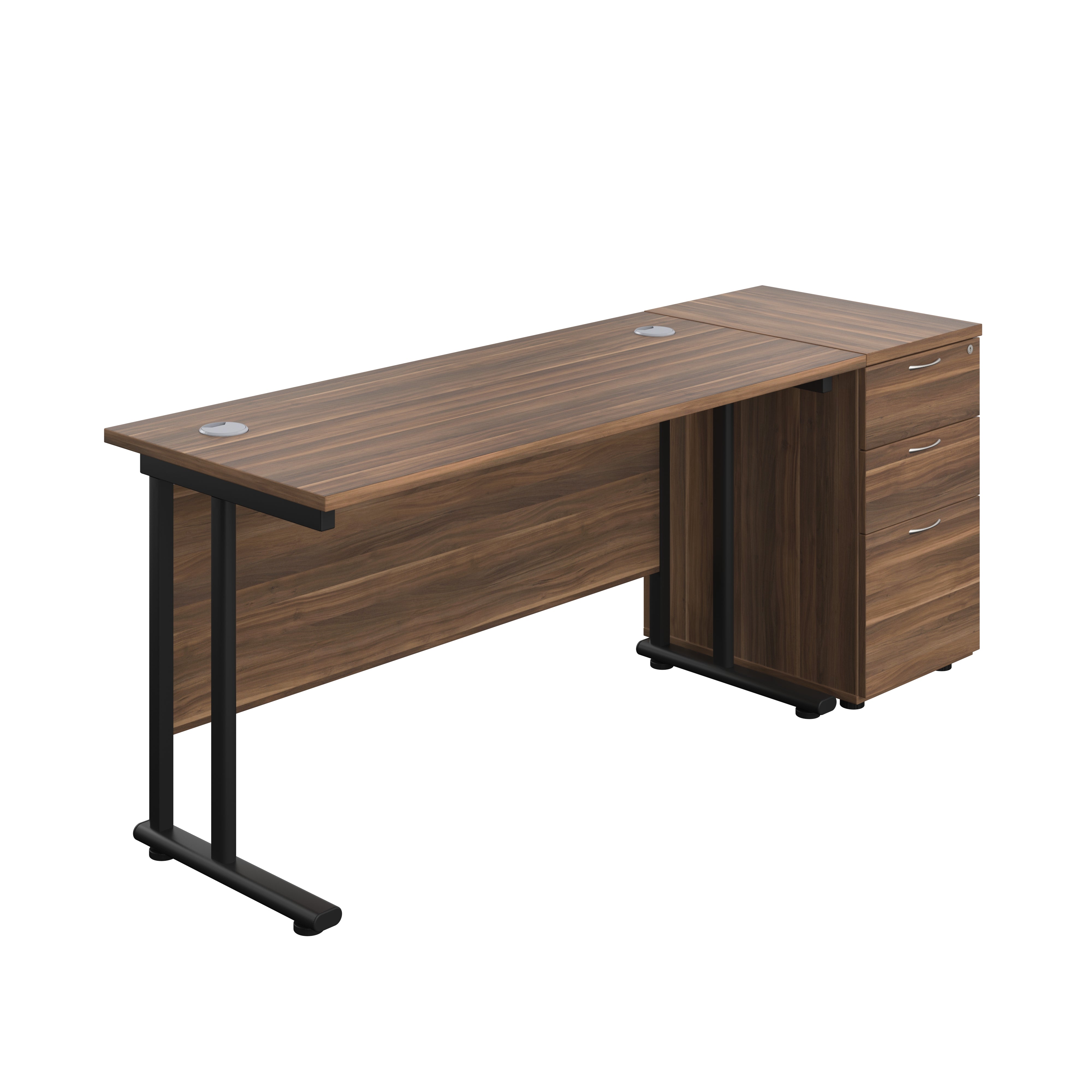 Twin Upright Rectangular Desk + Desk High 3 Drawer Pedestal (FSC) | 1400X600 | Dark Walnut/Black
