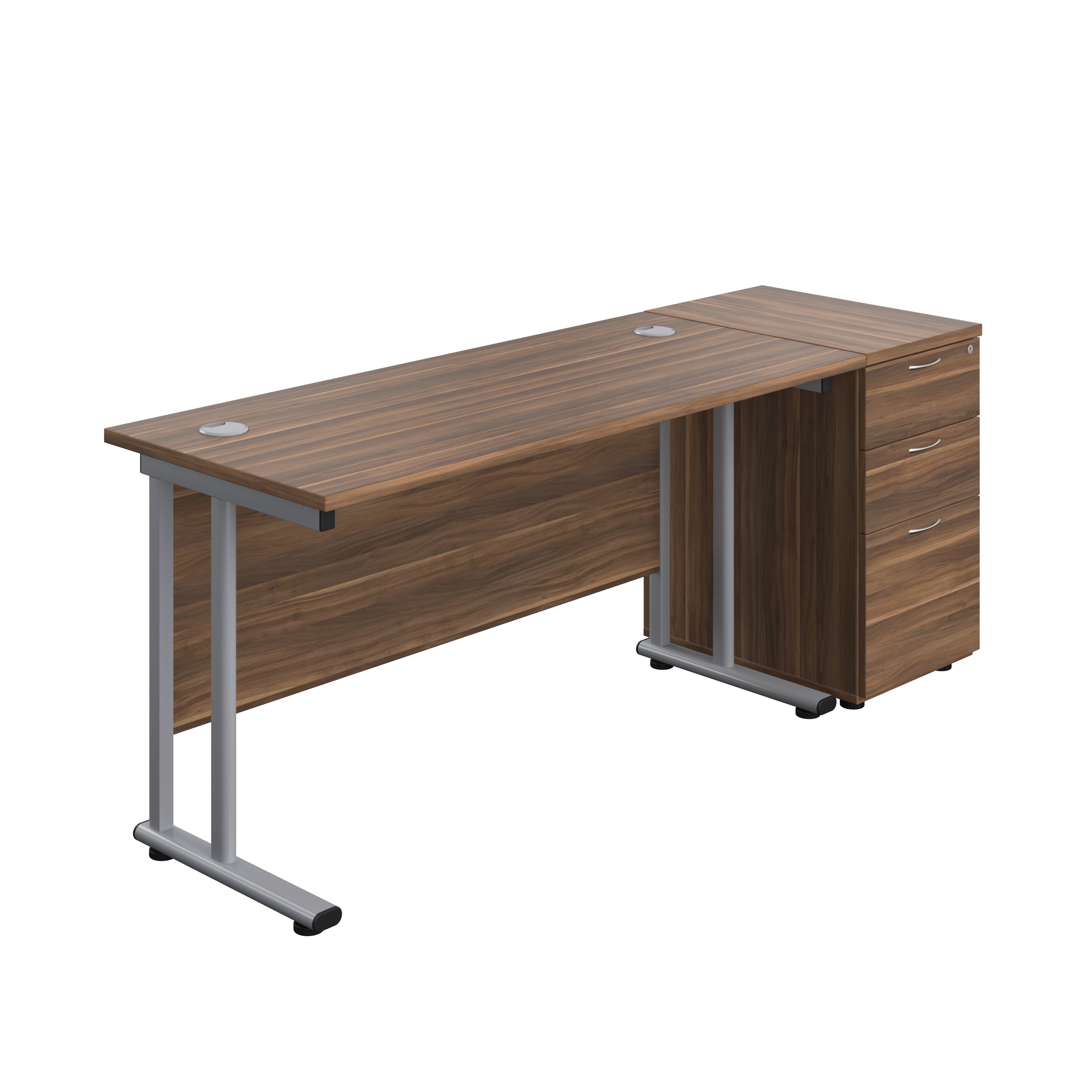 Twin Upright Rectangular Desk + Desk High 3 Drawer Pedestal (FSC) | 1400X600 | Dark Walnut/Silver