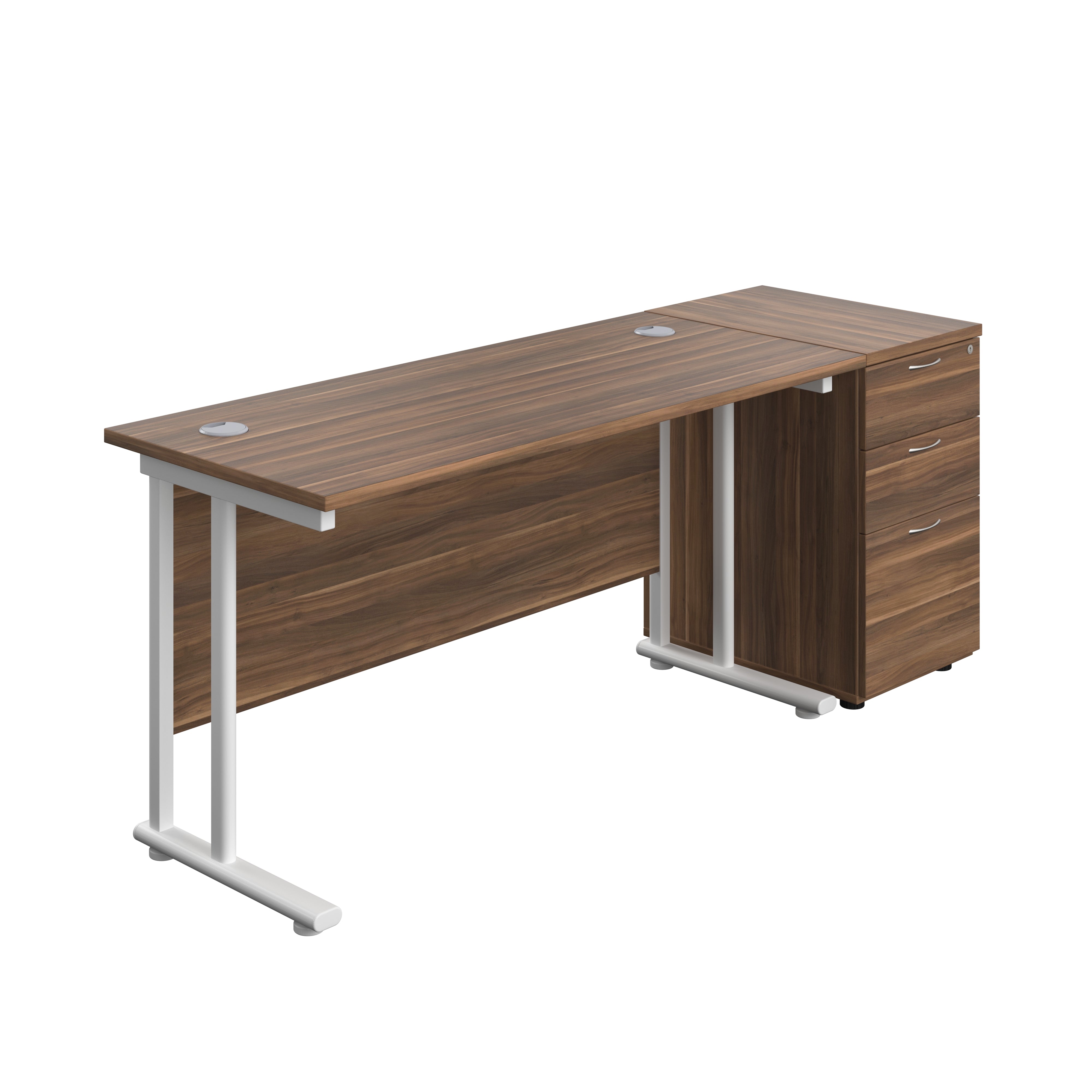 Twin Upright Rectangular Desk + Desk High 3 Drawer Pedestal (FSC) | 1400X600 | Dark Walnut/White