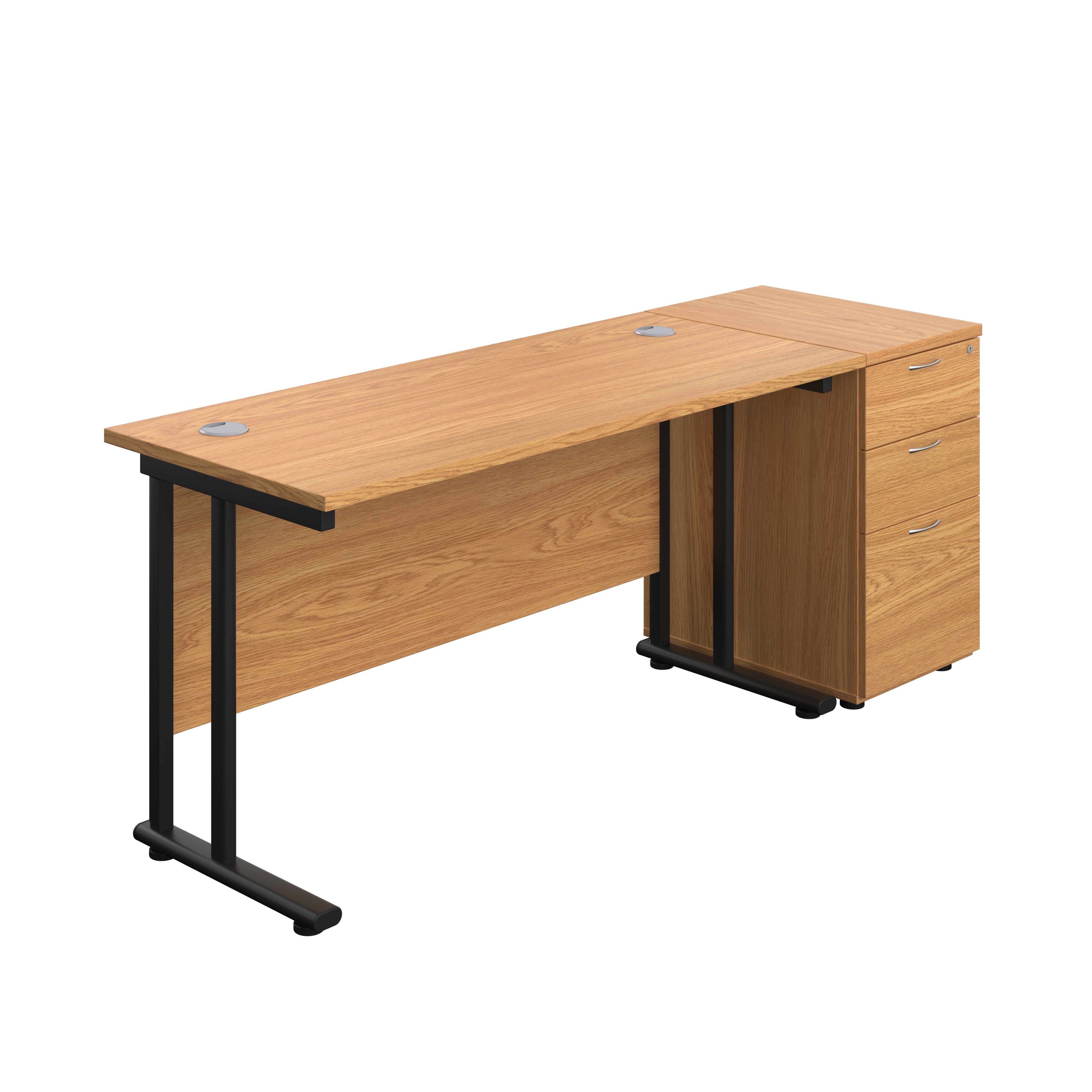 Twin Upright Rectangular Desk + Desk High 3 Drawer Pedestal (FSC) | 1400X600 | Nova Oak/Black