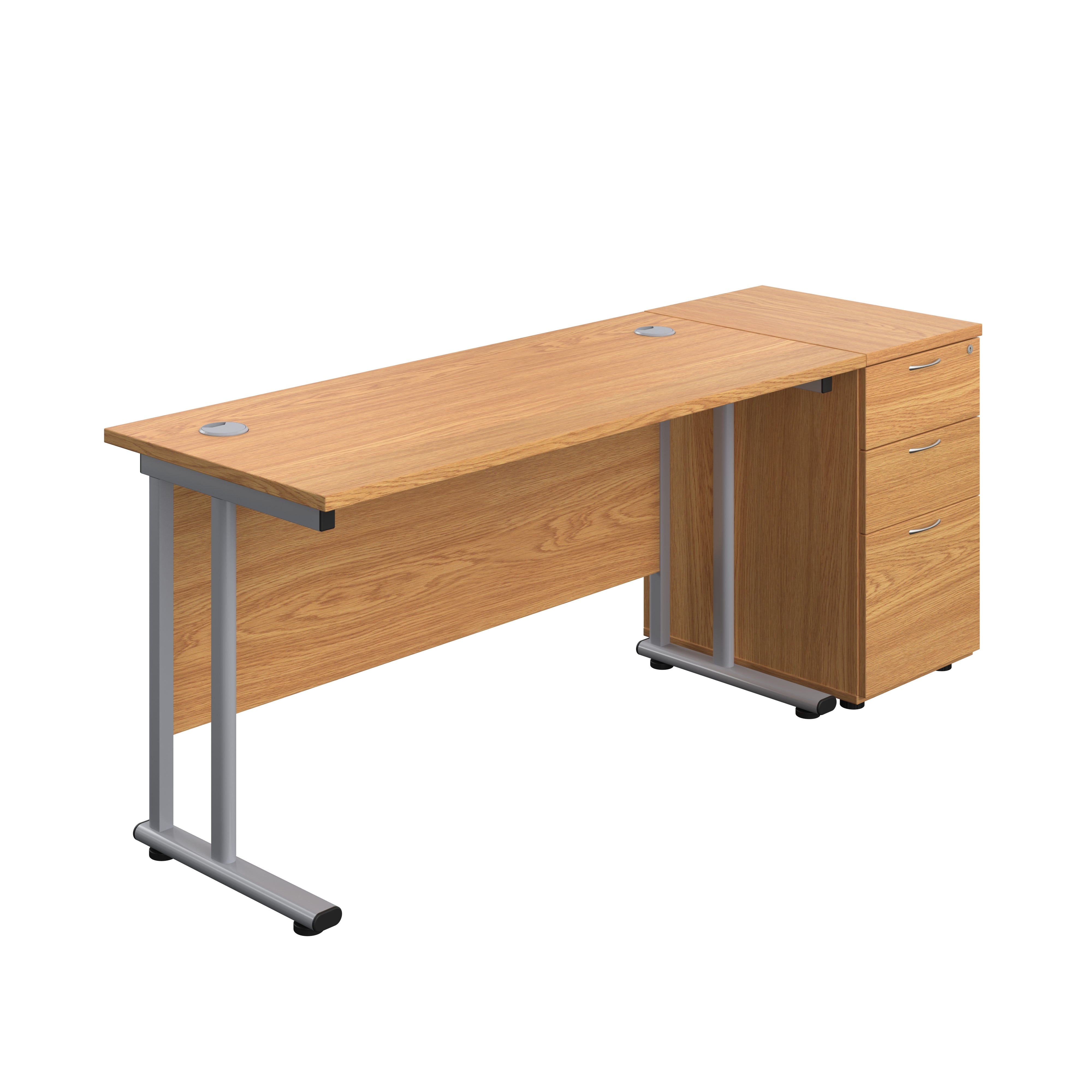 Twin Upright Rectangular Desk + Desk High 3 Drawer Pedestal (FSC) | 1400X600 | Nova Oak/Silver