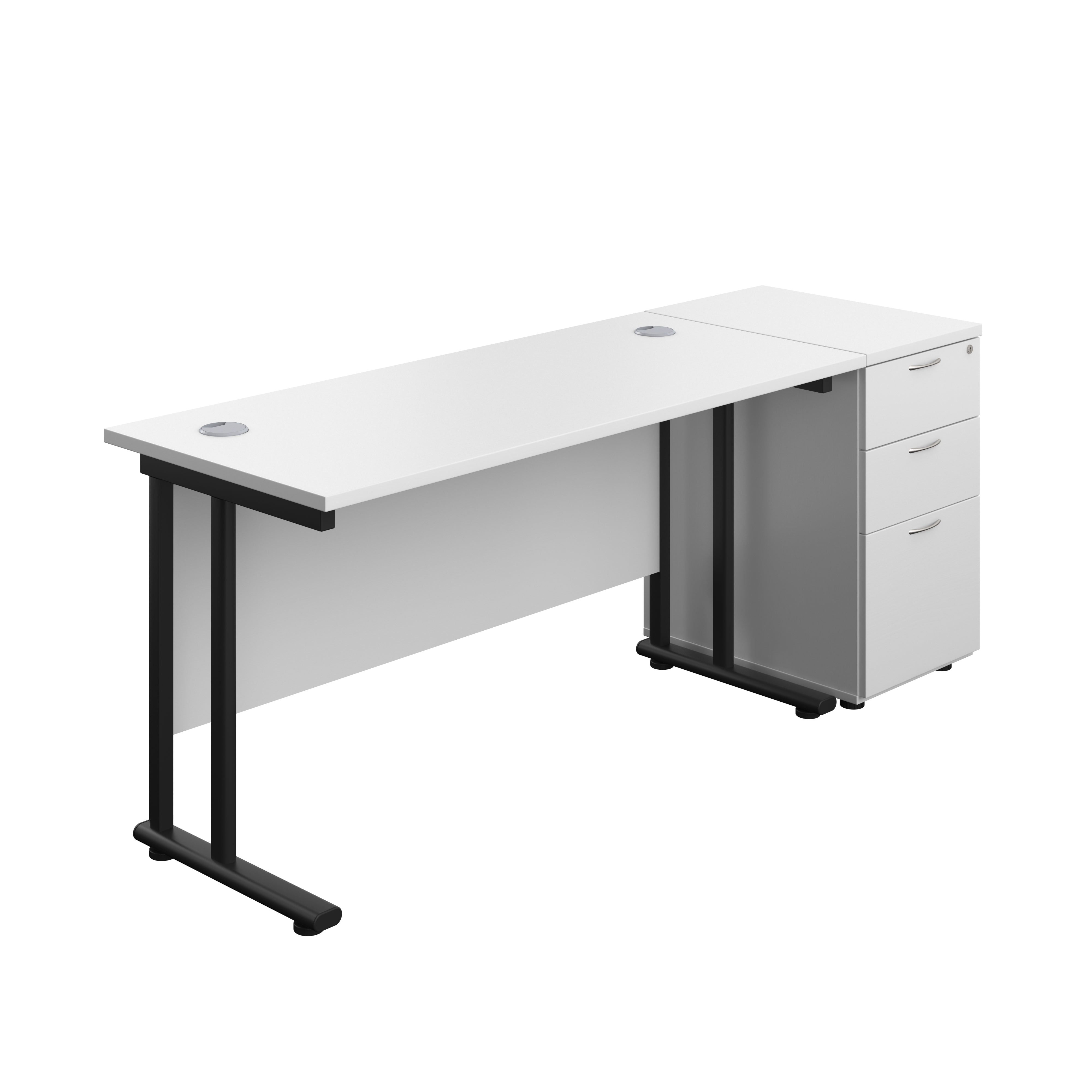 Twin Upright Rectangular Desk + Desk High 3 Drawer Pedestal (FSC) | 1400X600 | White/Black