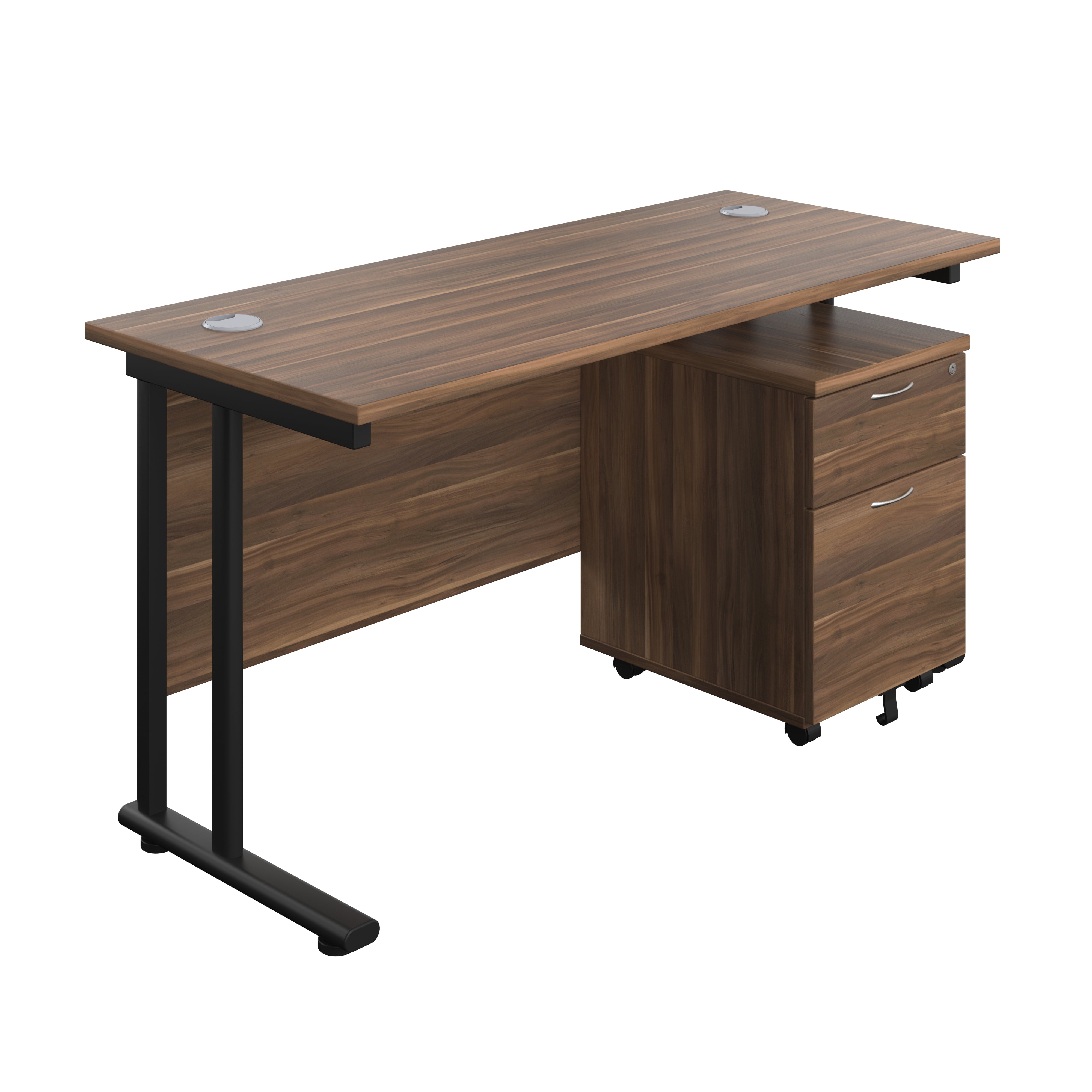 Twin Upright Rectangular Desk + Mobile 2 Drawer Pedestal (FSC) | 1400X600 | Dark Walnut/Black