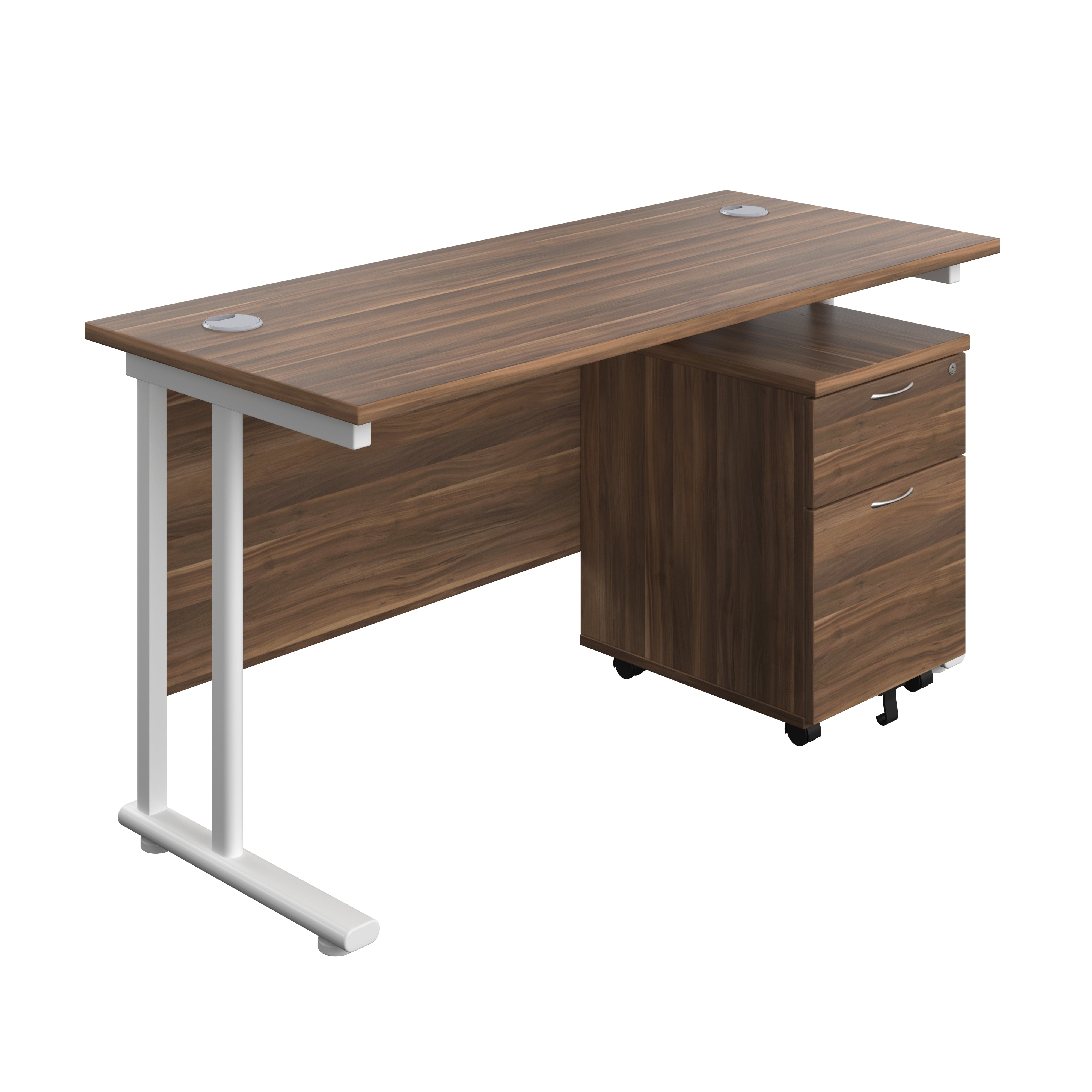 Twin Upright Rectangular Desk + Mobile 2 Drawer Pedestal (FSC) | 1400X600 | Dark Walnut/White