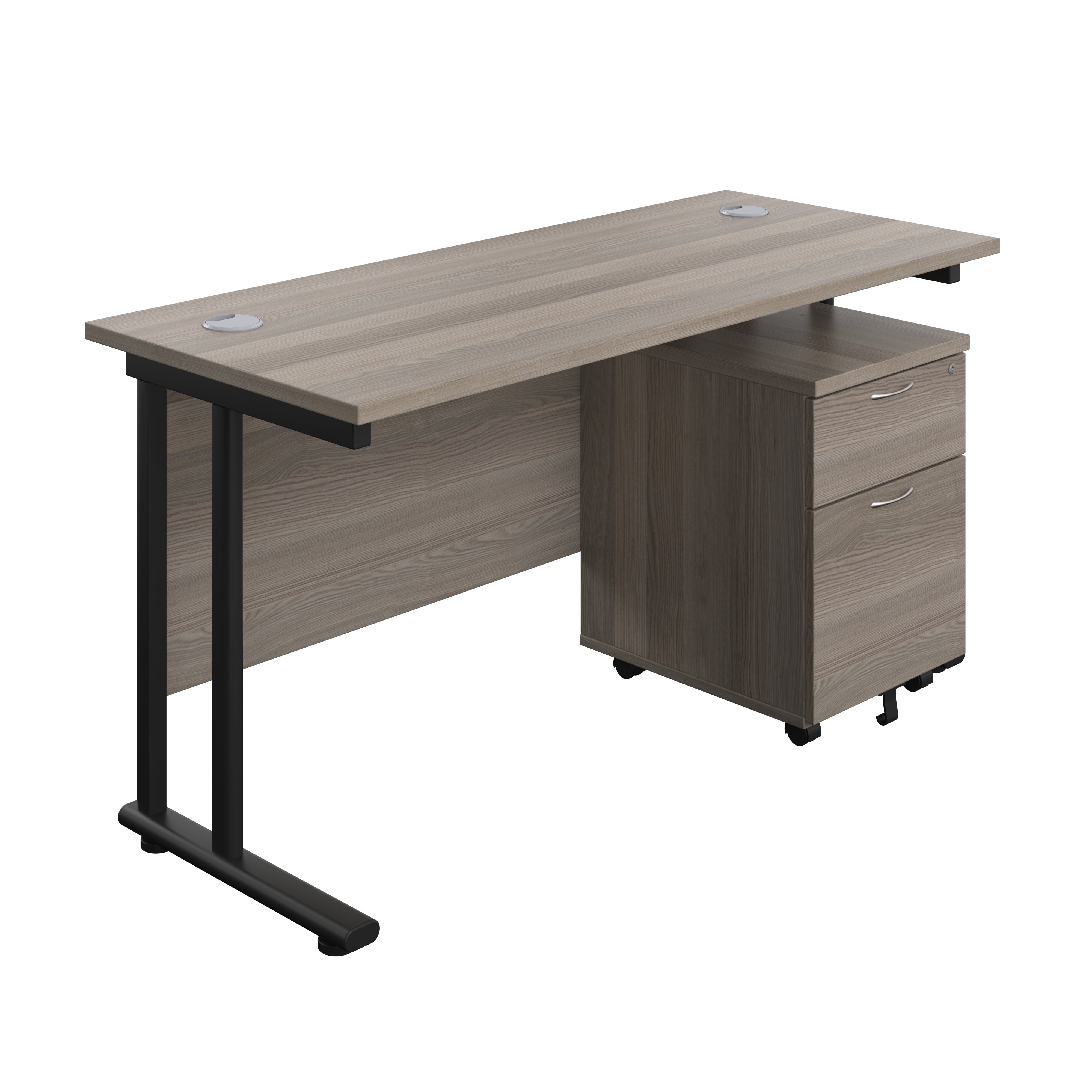 Twin Upright Rectangular Desk + Mobile 2 Drawer Pedestal (FSC) | 1400X600 | Grey Oak/Black
