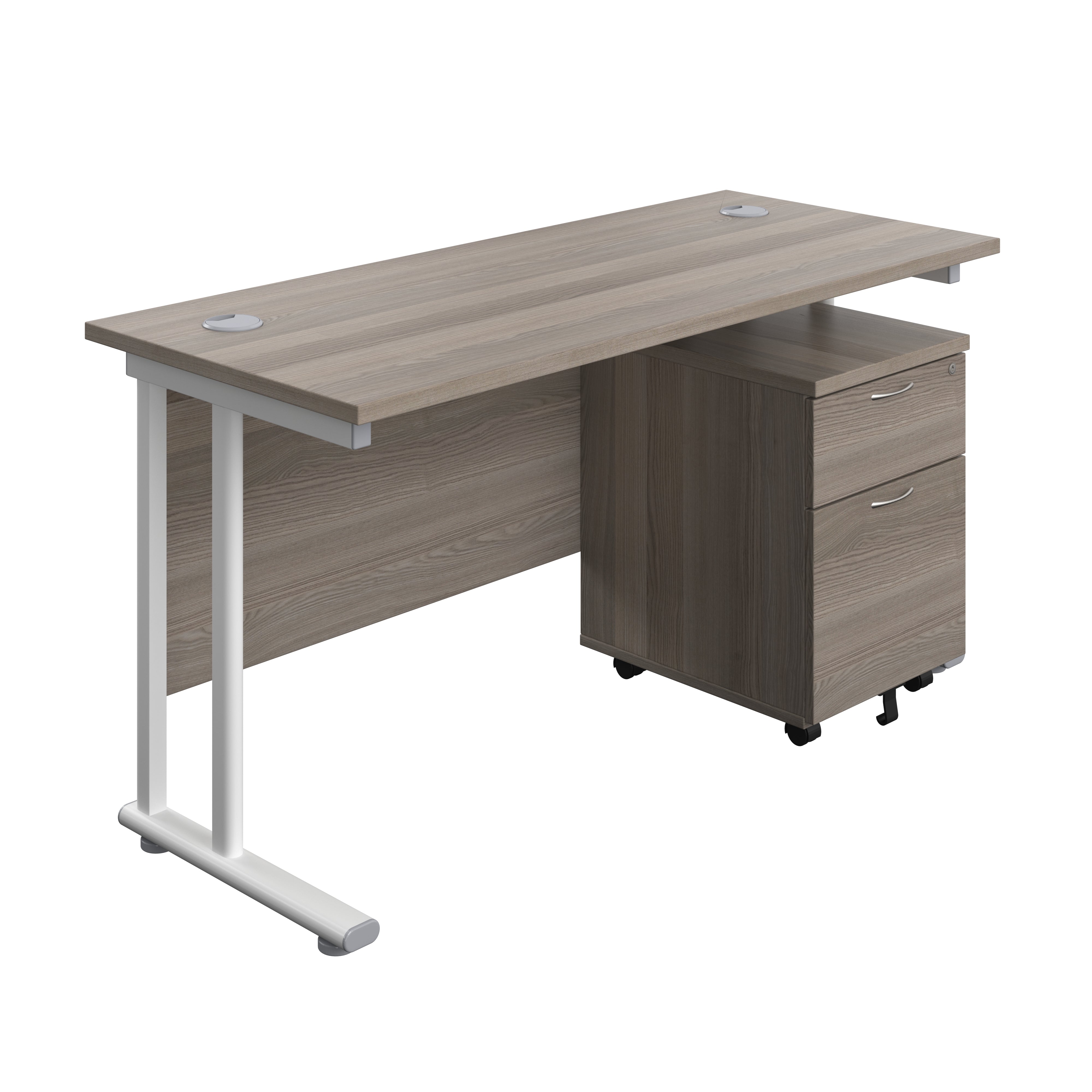Twin Upright Rectangular Desk + Mobile 2 Drawer Pedestal (FSC) | 1400X600 | Grey Oak/White