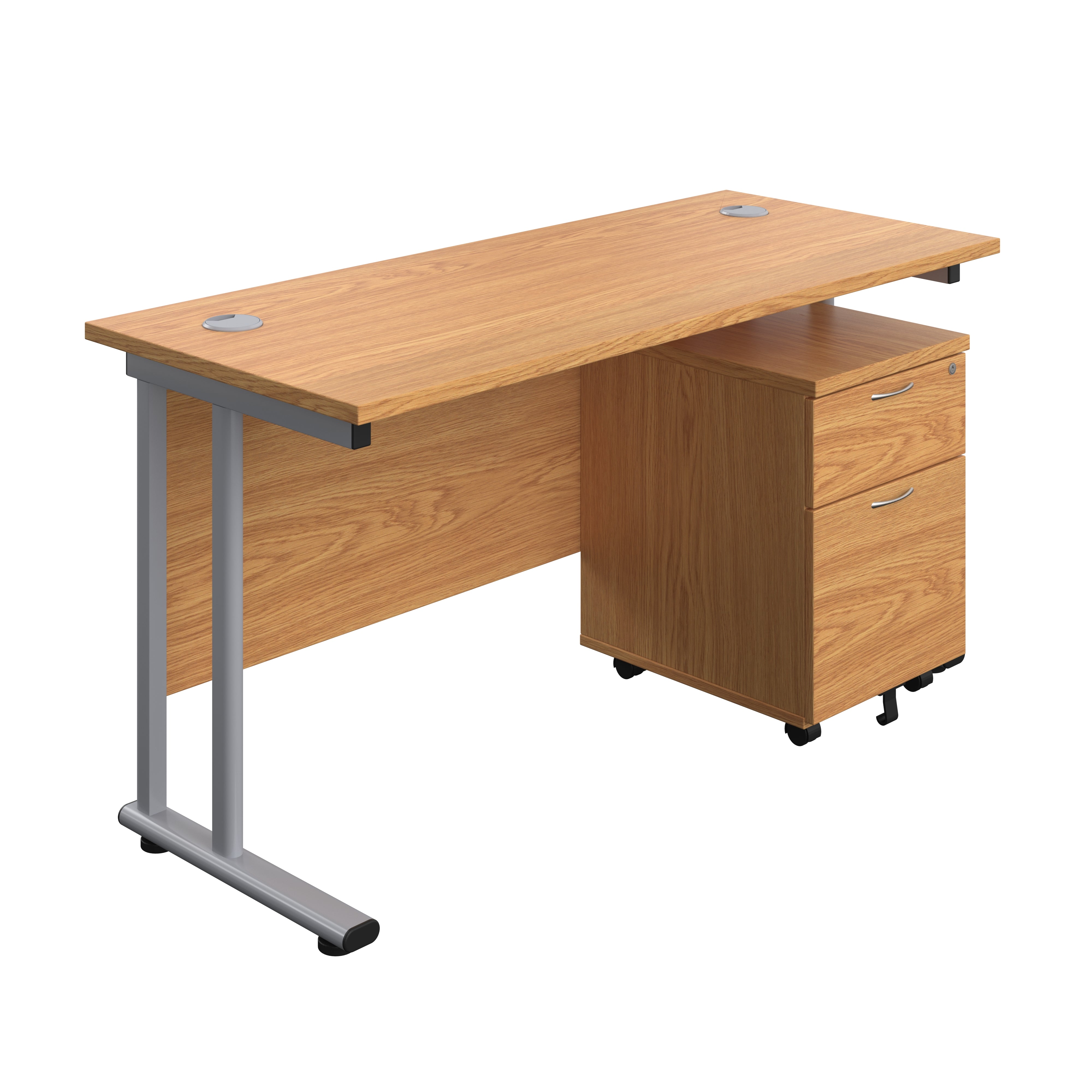 Twin Upright Rectangular Desk + Mobile 2 Drawer Pedestal (FSC) | 1400X600 | Nova Oak/Silver