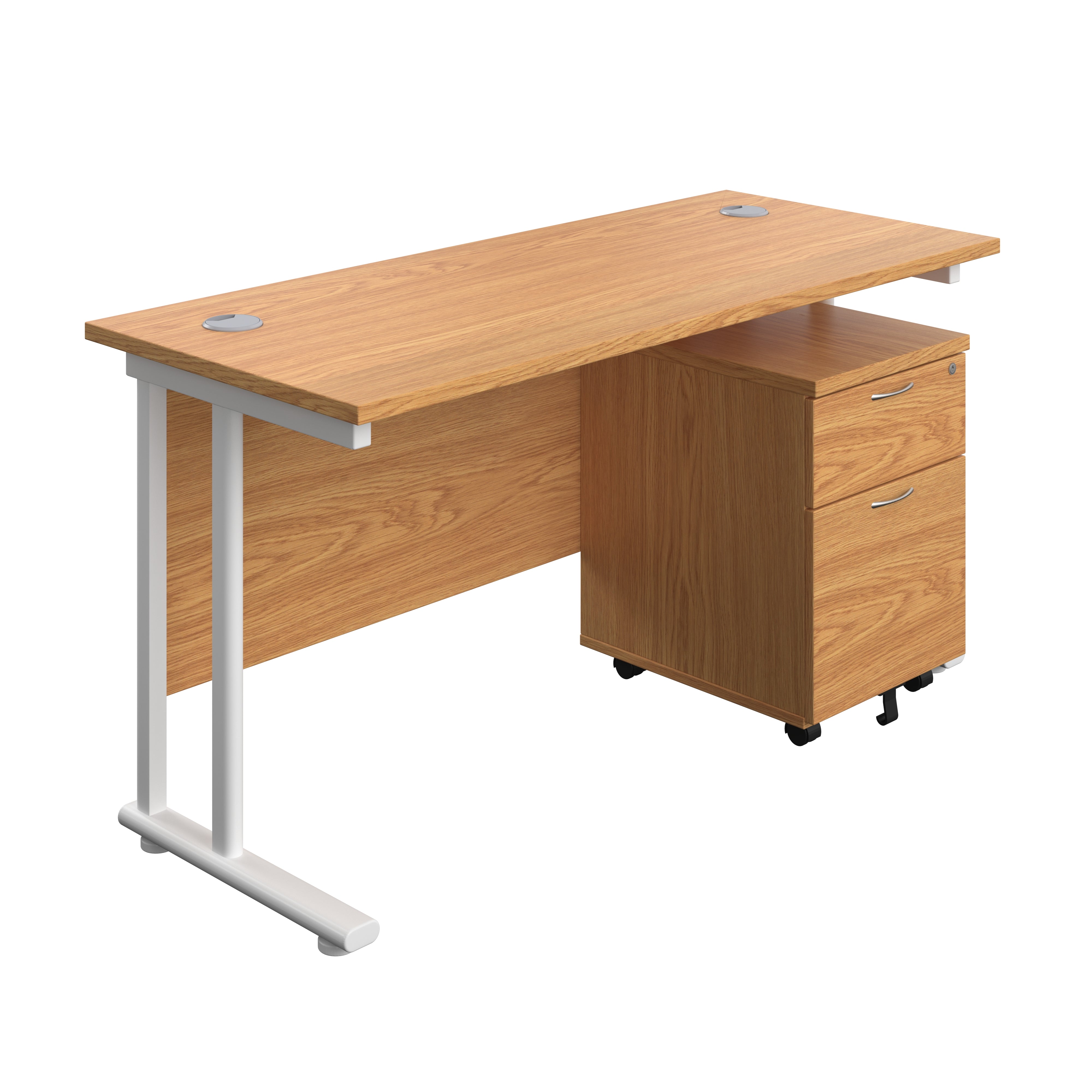 Twin Upright Rectangular Desk + Mobile 2 Drawer Pedestal (FSC) | 1400X600 | Nova Oak/White