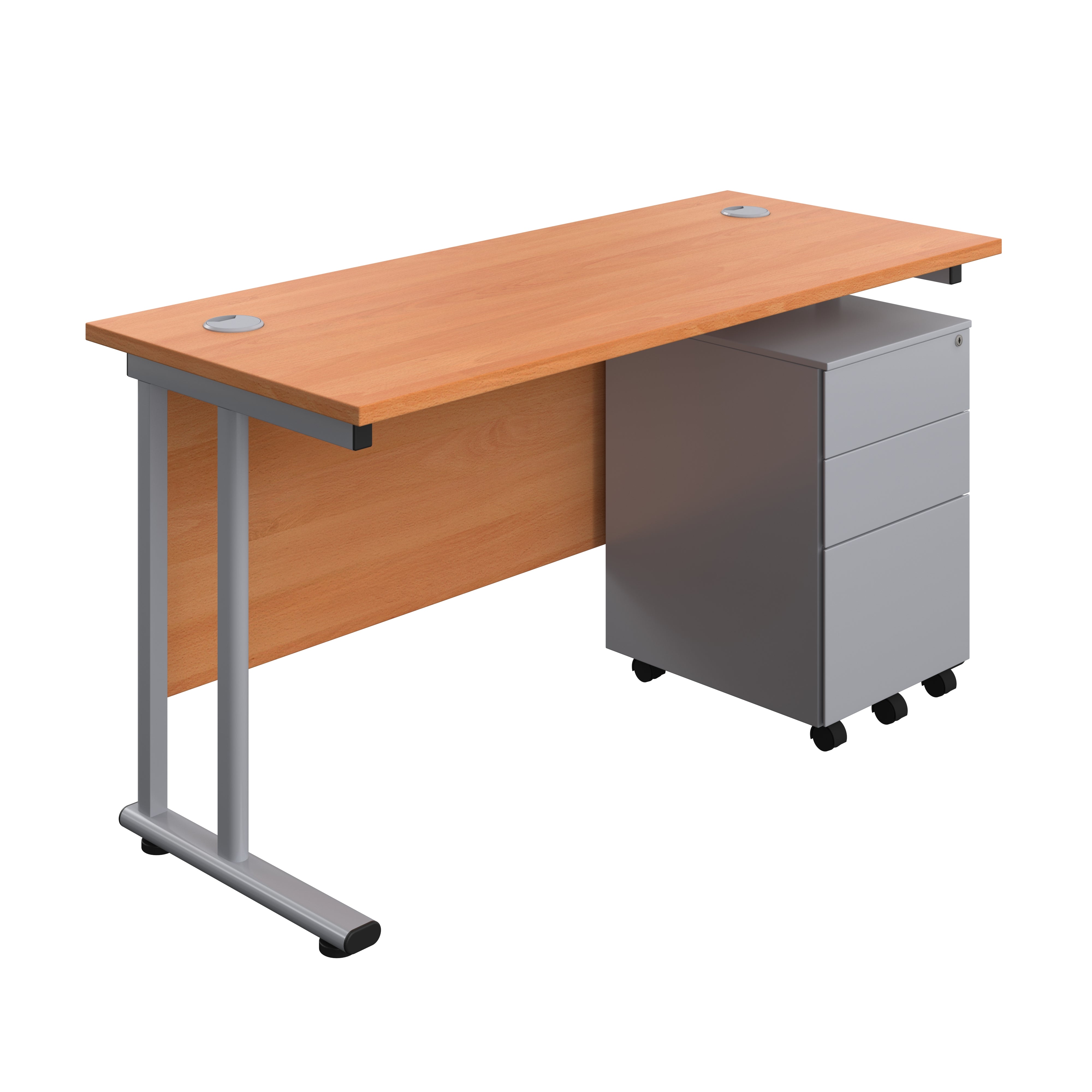 Twin Upright Rectangular Desk + Under Desk Steel Pedestal 3 Drawers (FSC) | 1400X600 | Beech/Silver