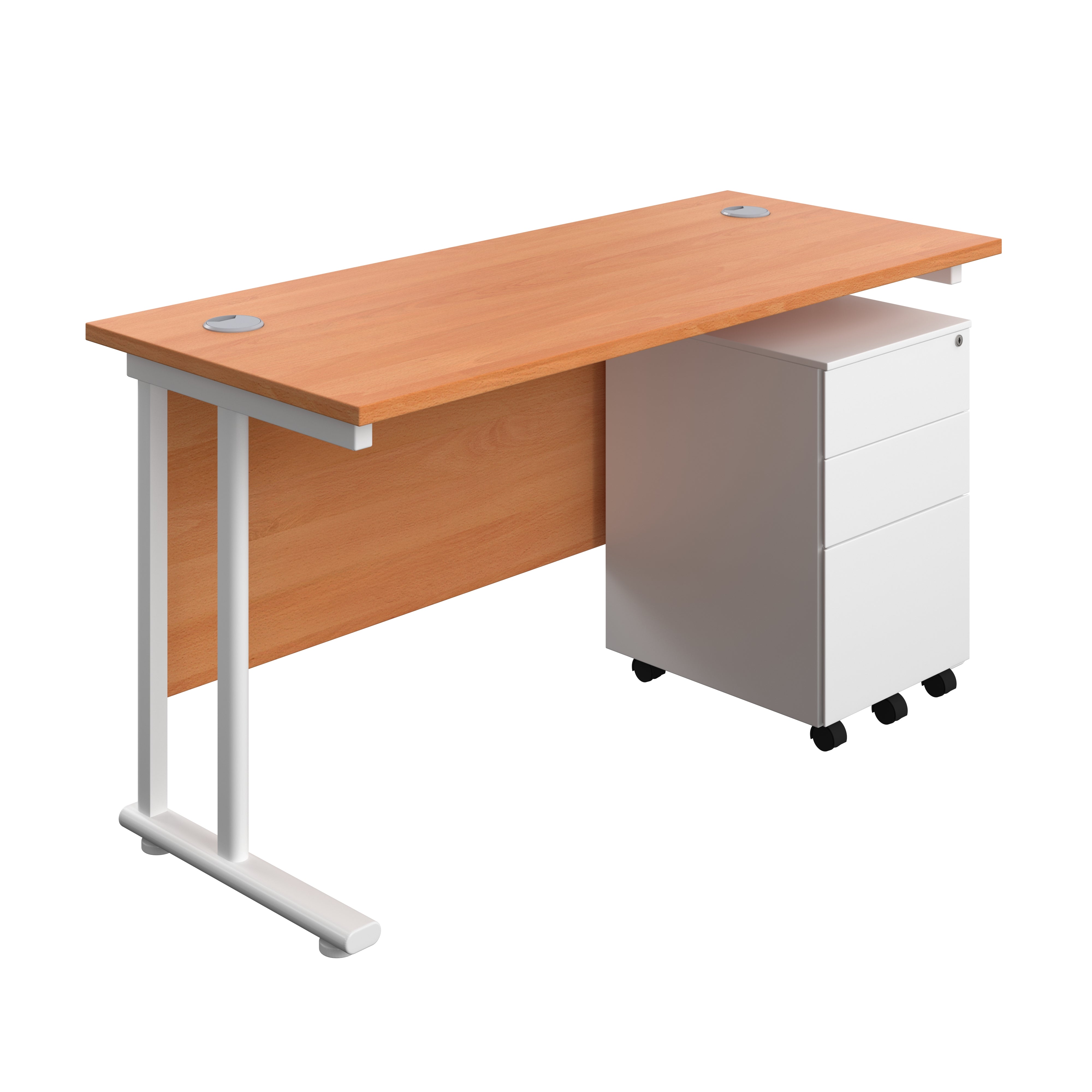 Twin Upright Rectangular Desk + Under Desk Steel Pedestal 3 Drawers (FSC) | 1400X600 | Beech/White