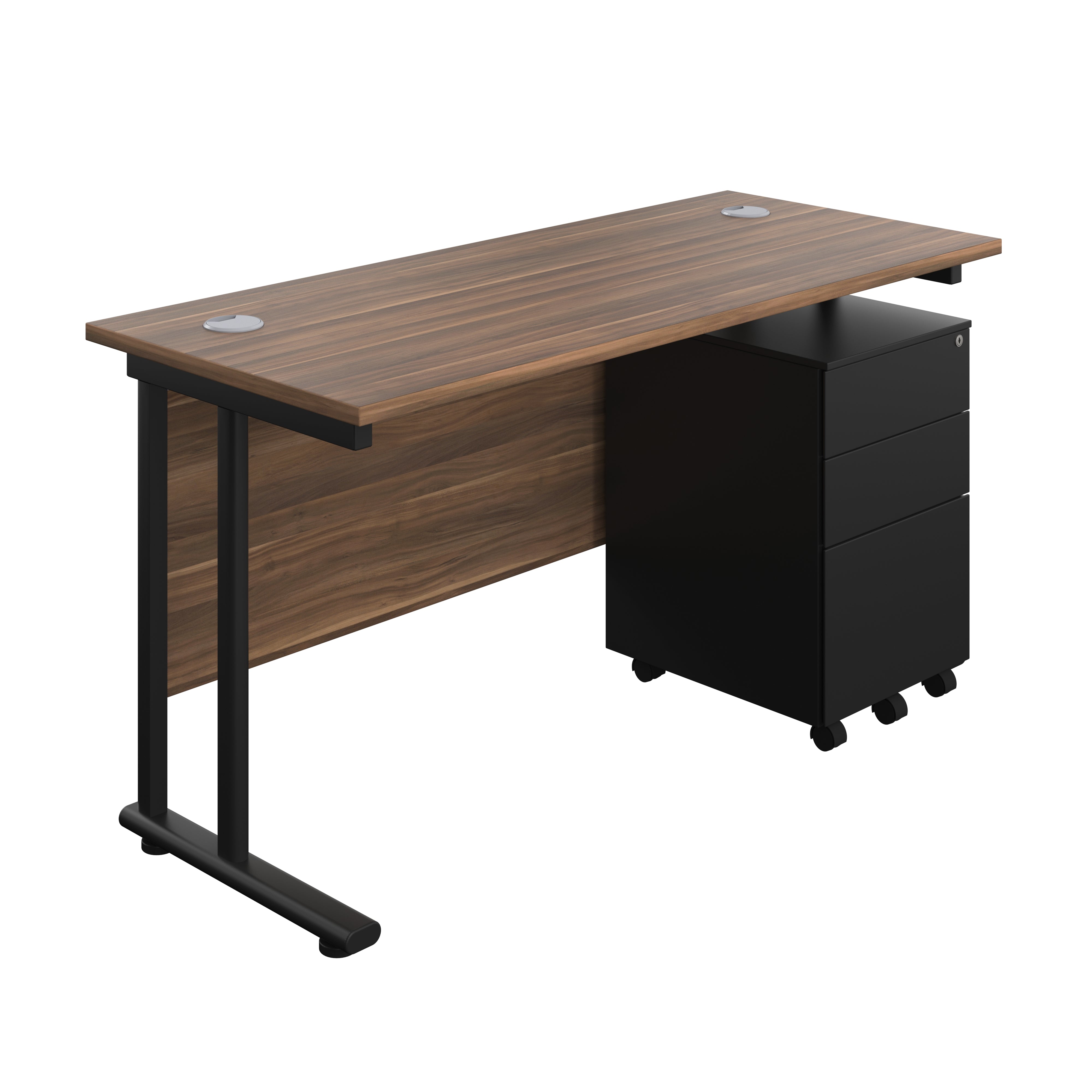 Twin Upright Rectangular Desk + Under Desk Steel Pedestal 3 Drawers (FSC) | 1400X600 | Dark Walnut/Black