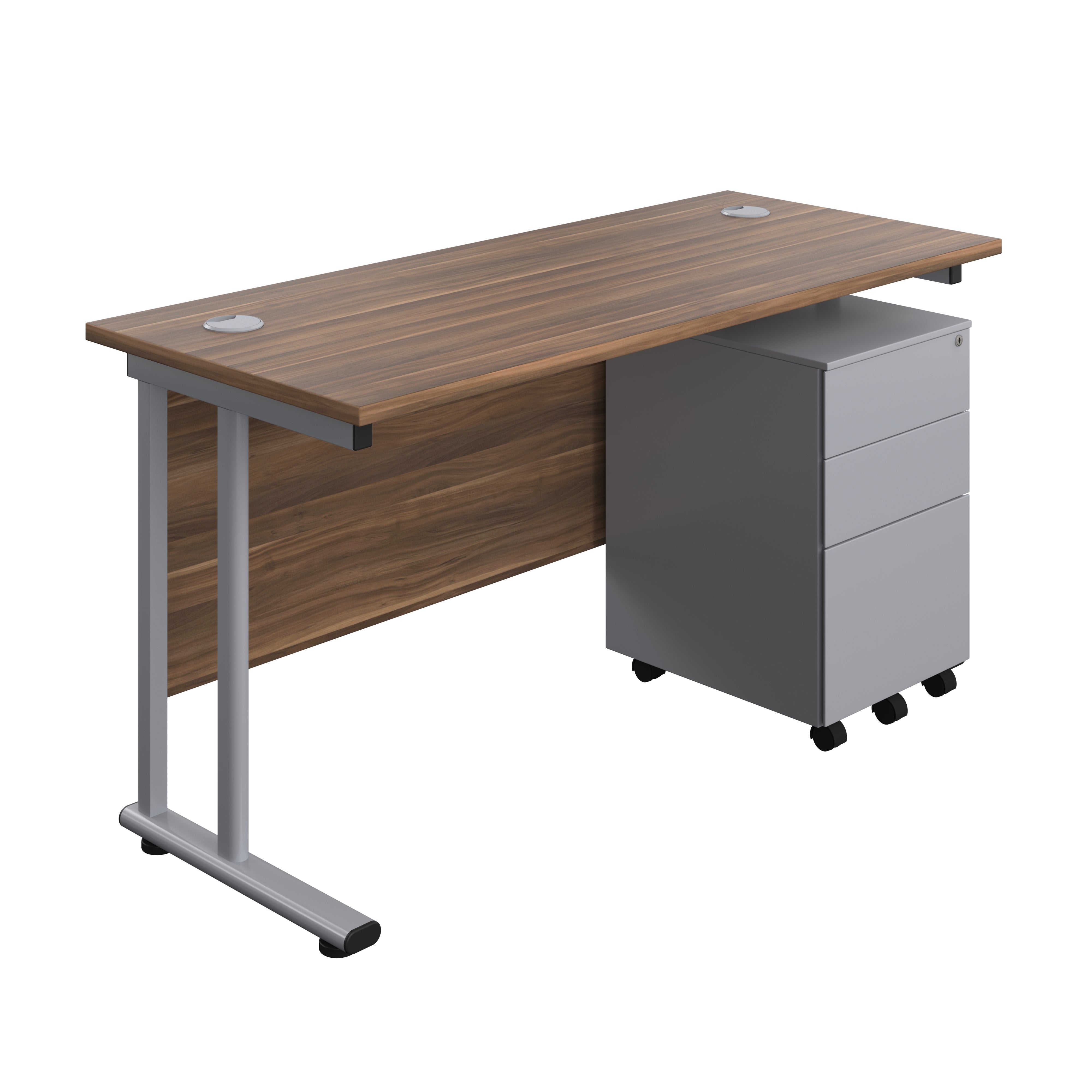 Twin Upright Rectangular Desk + Under Desk Steel Pedestal 3 Drawers (FSC) | 1400X600 | Dark Walnut/Silver