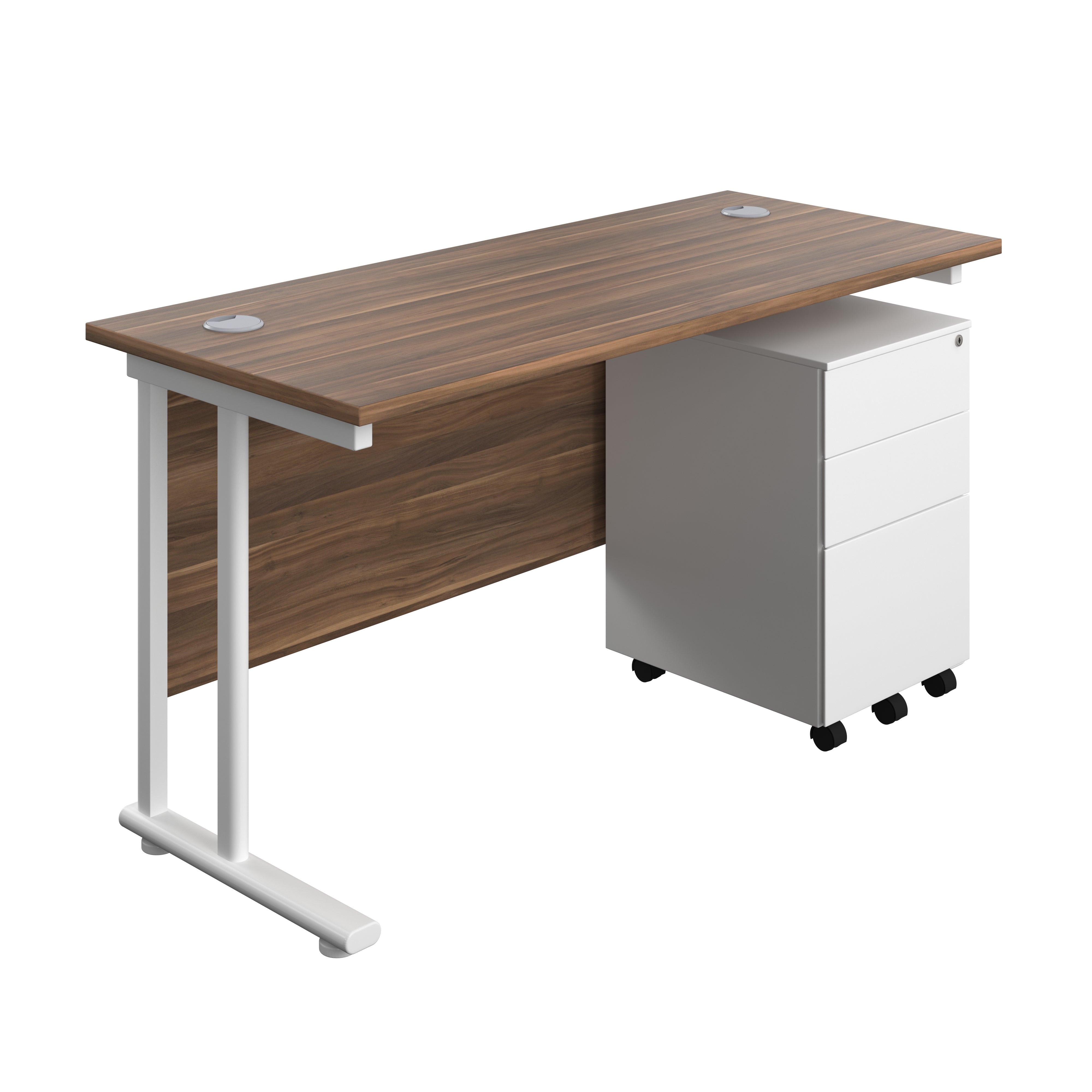Twin Upright Rectangular Desk + Under Desk Steel Pedestal 3 Drawers (FSC) | 1400X600 | Dark Walnut/White