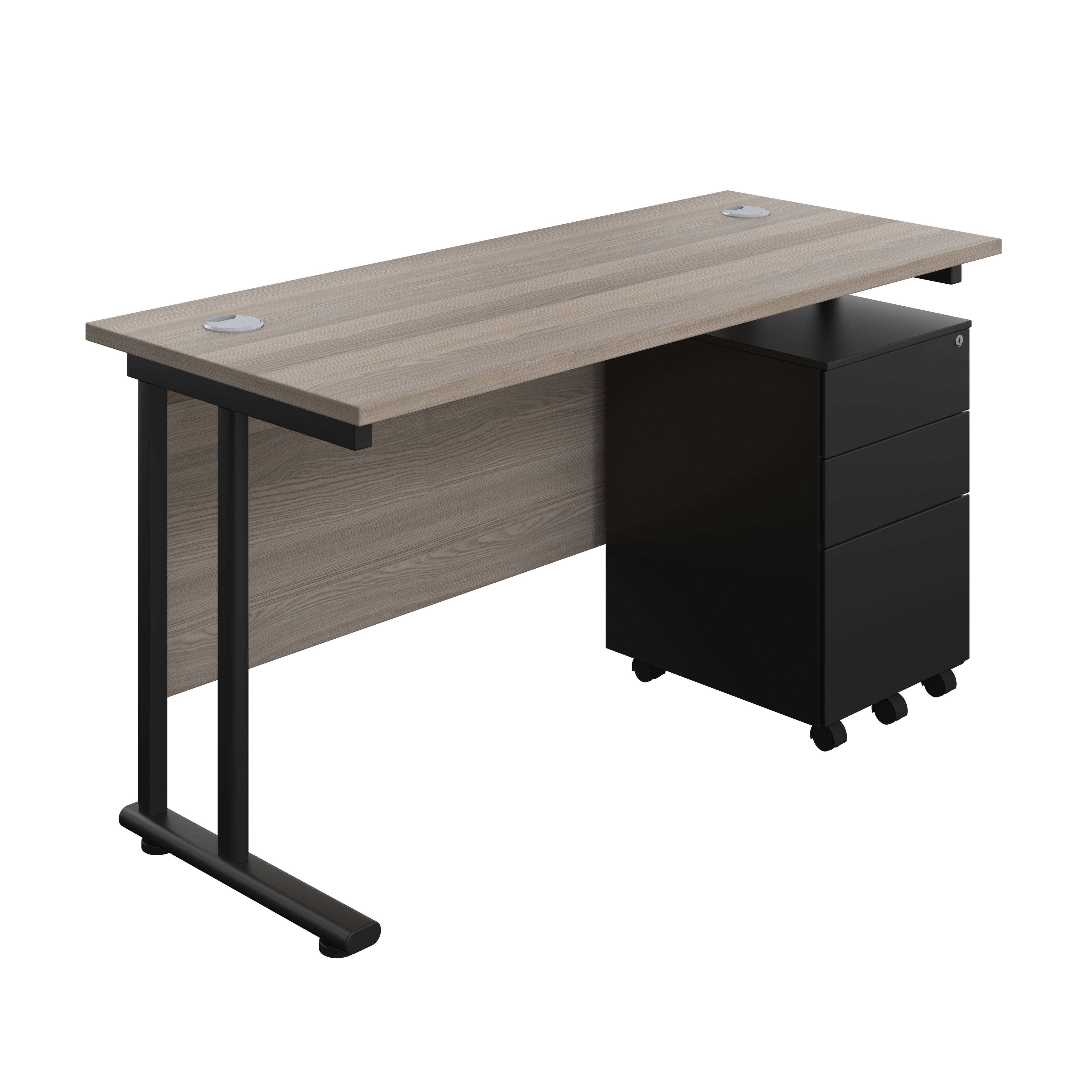 Twin Upright Rectangular Desk + Under Desk Steel Pedestal 3 Drawers (FSC) | 1400X600 | Grey Oak/Black