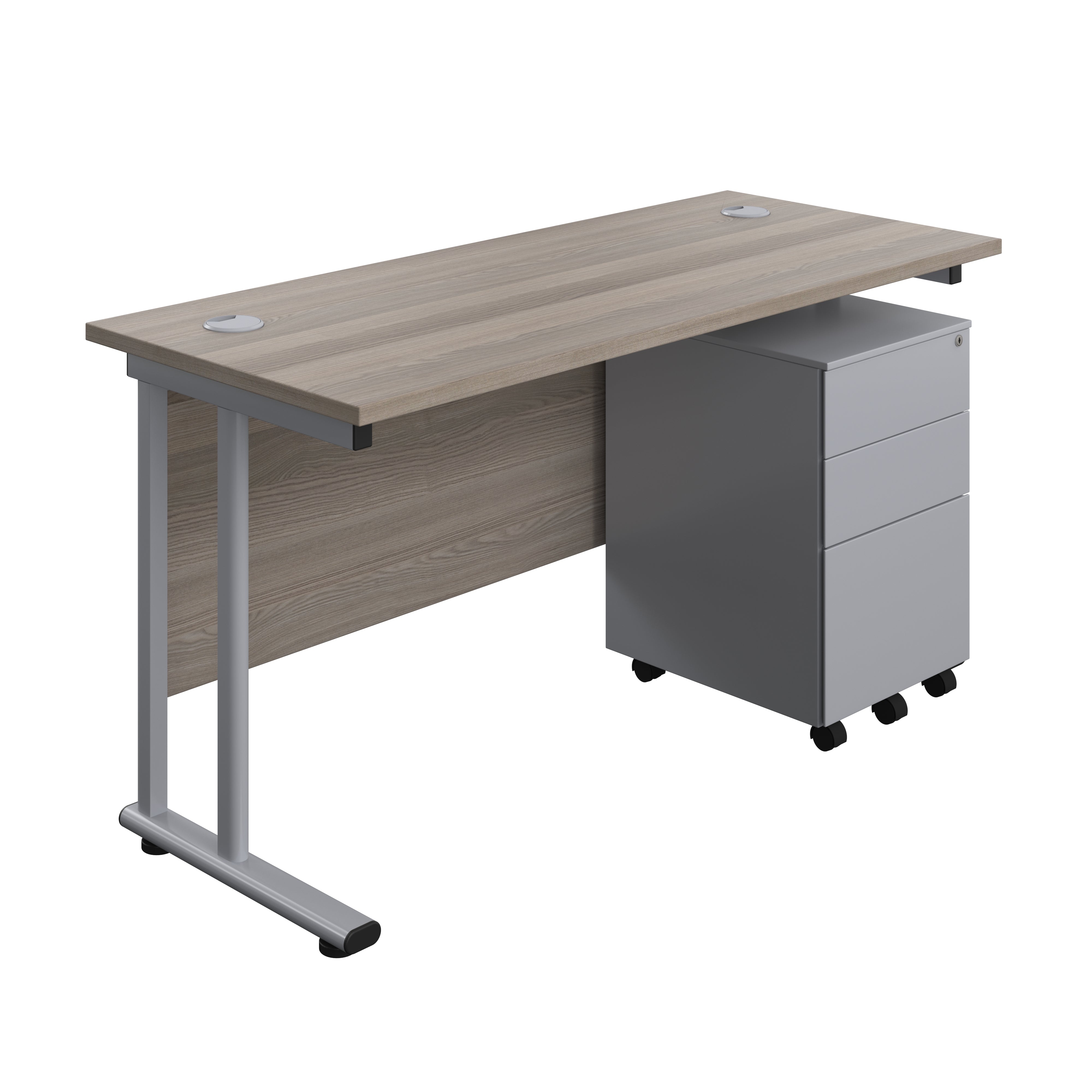 Twin Upright Rectangular Desk + Under Desk Steel Pedestal 3 Drawers (FSC) | 1400X600 | Grey Oak/Silver
