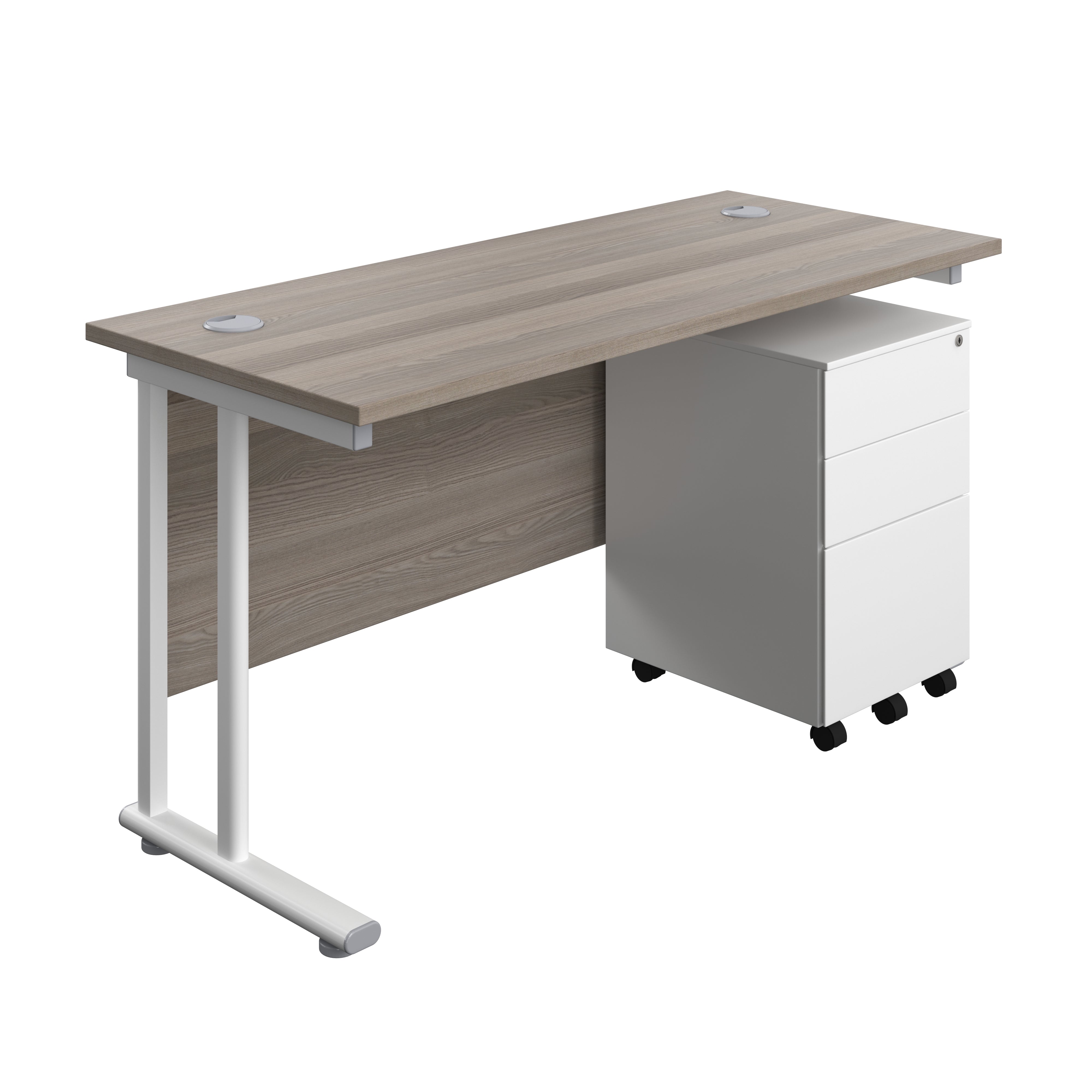 Twin Upright Rectangular Desk + Under Desk Steel Pedestal 3 Drawers (FSC) | 1400X600 | Grey Oak/White