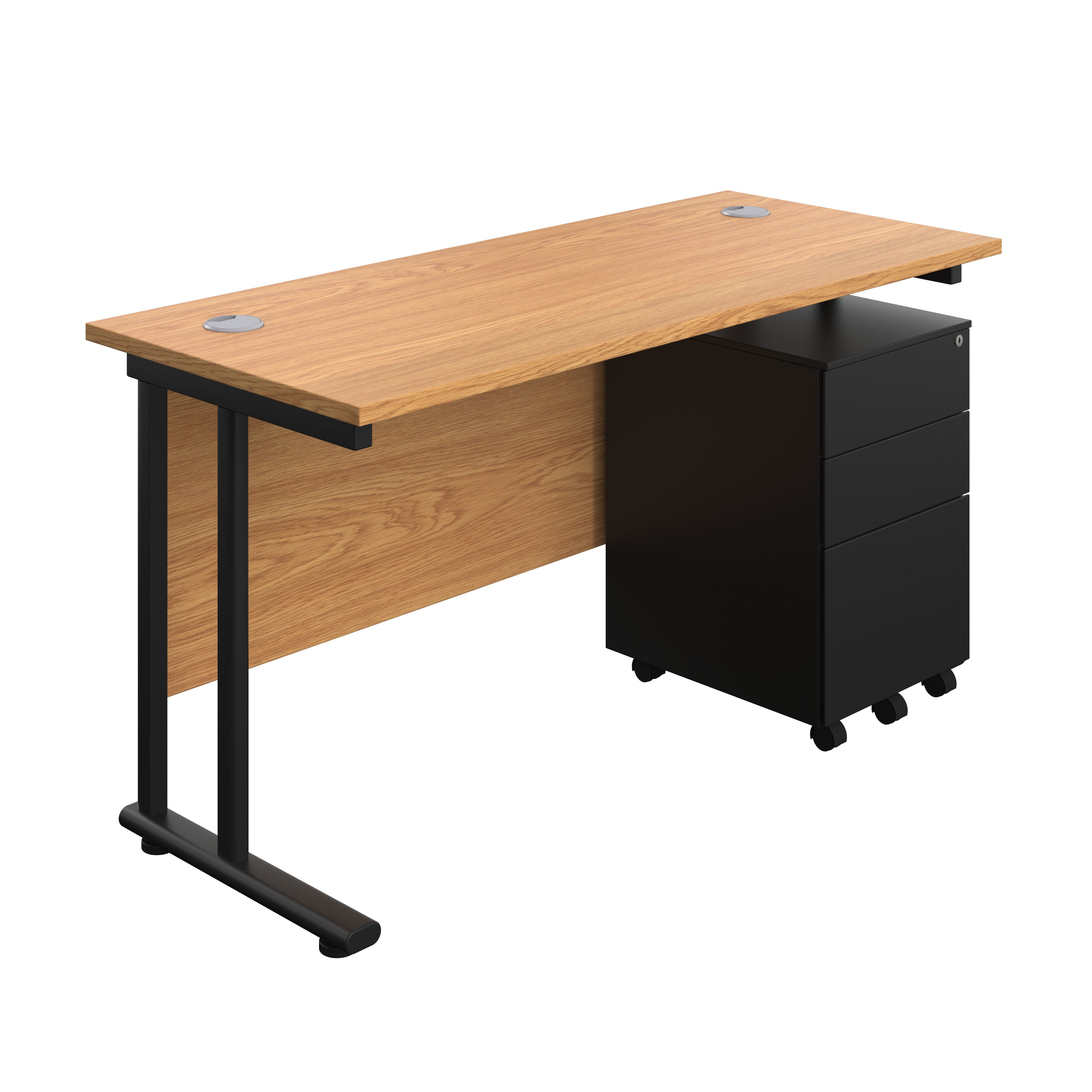 Twin Upright Rectangular Desk + Under Desk Steel Pedestal 3 Drawers (FSC) | 1400X600 | Nova Oak/Black