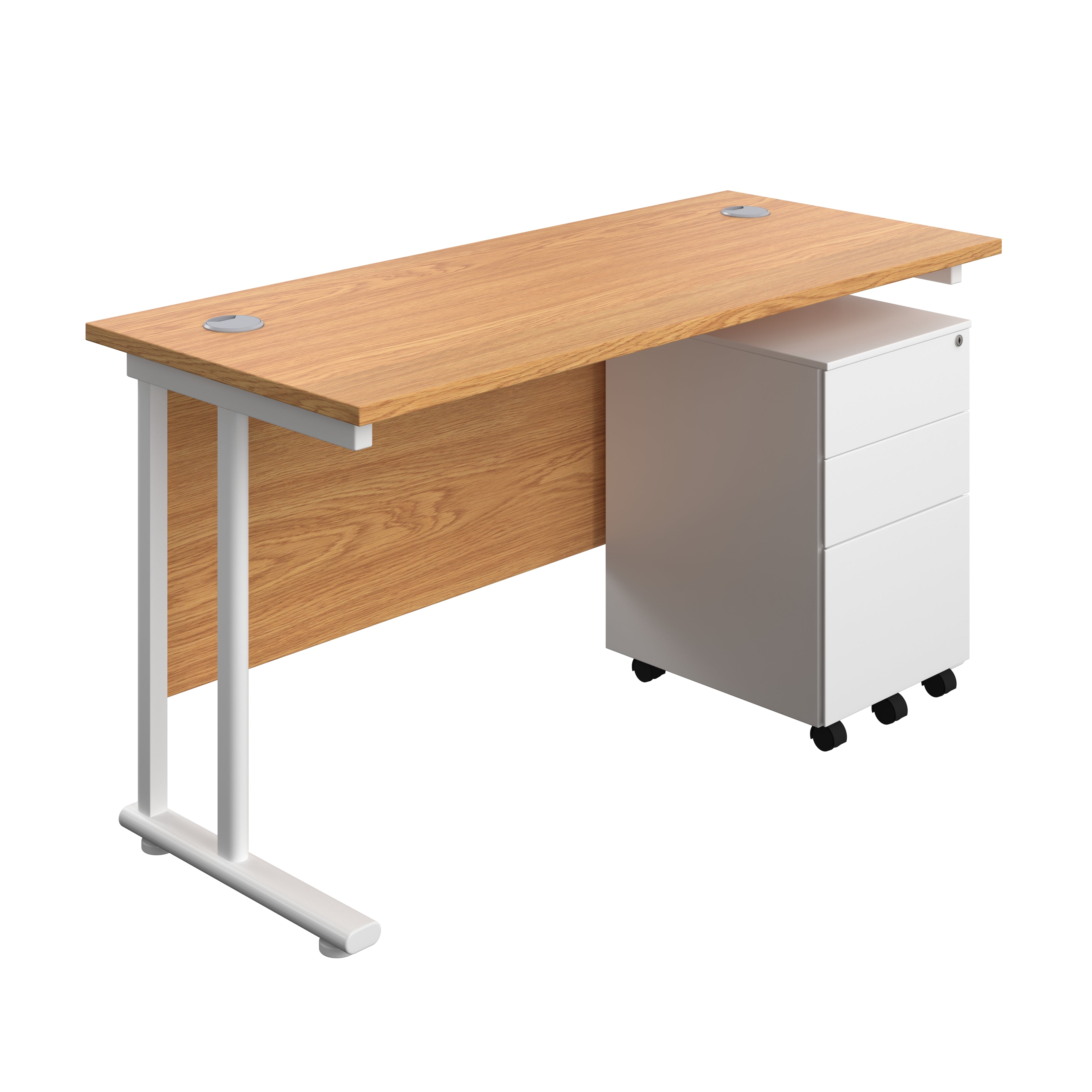 Twin Upright Rectangular Desk + Under Desk Steel Pedestal 3 Drawers (FSC) | 1400X600 | Nova Oak/White