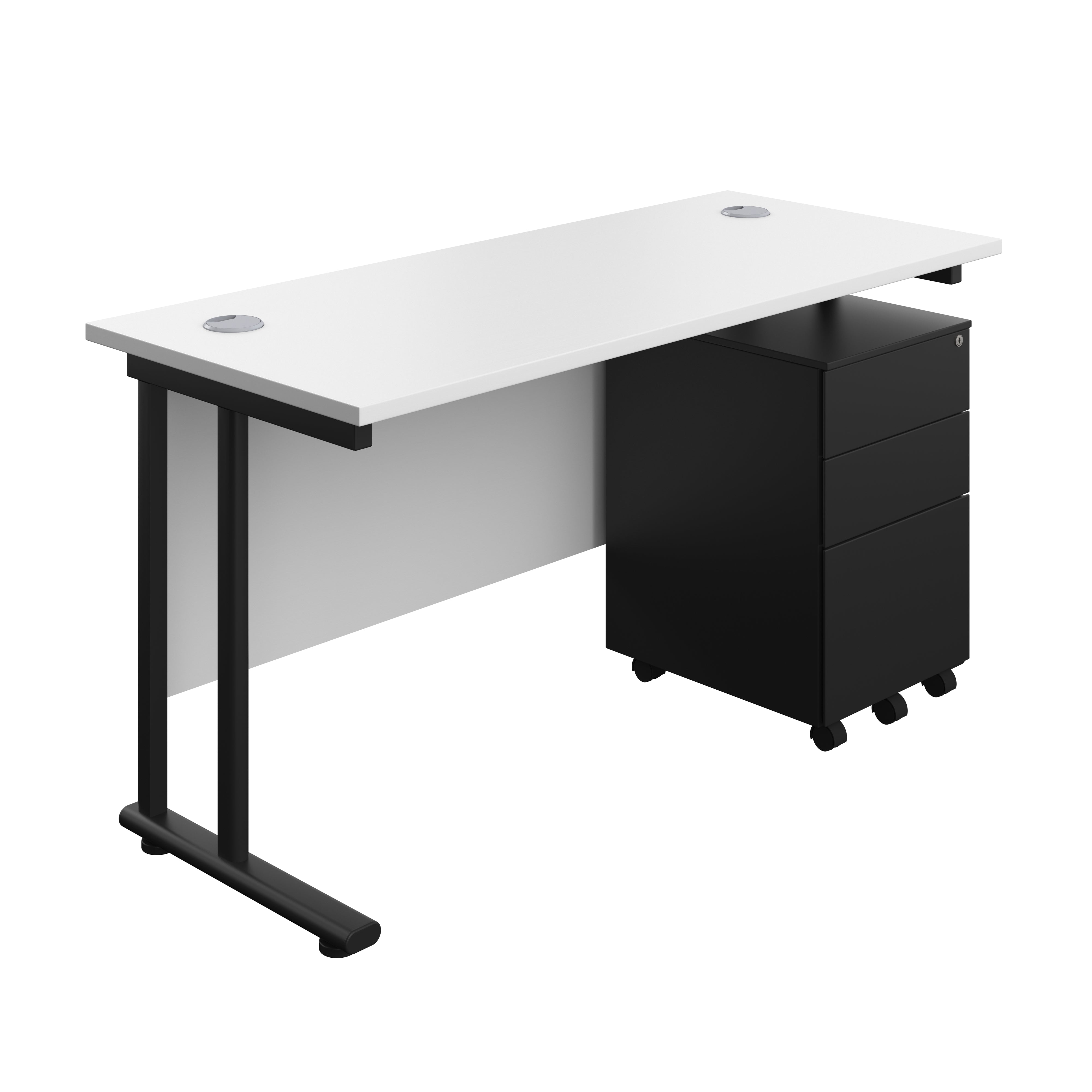 Twin Upright Rectangular Desk + Under Desk Steel Pedestal 3 Drawers (FSC) | 1400X600 | White/Black