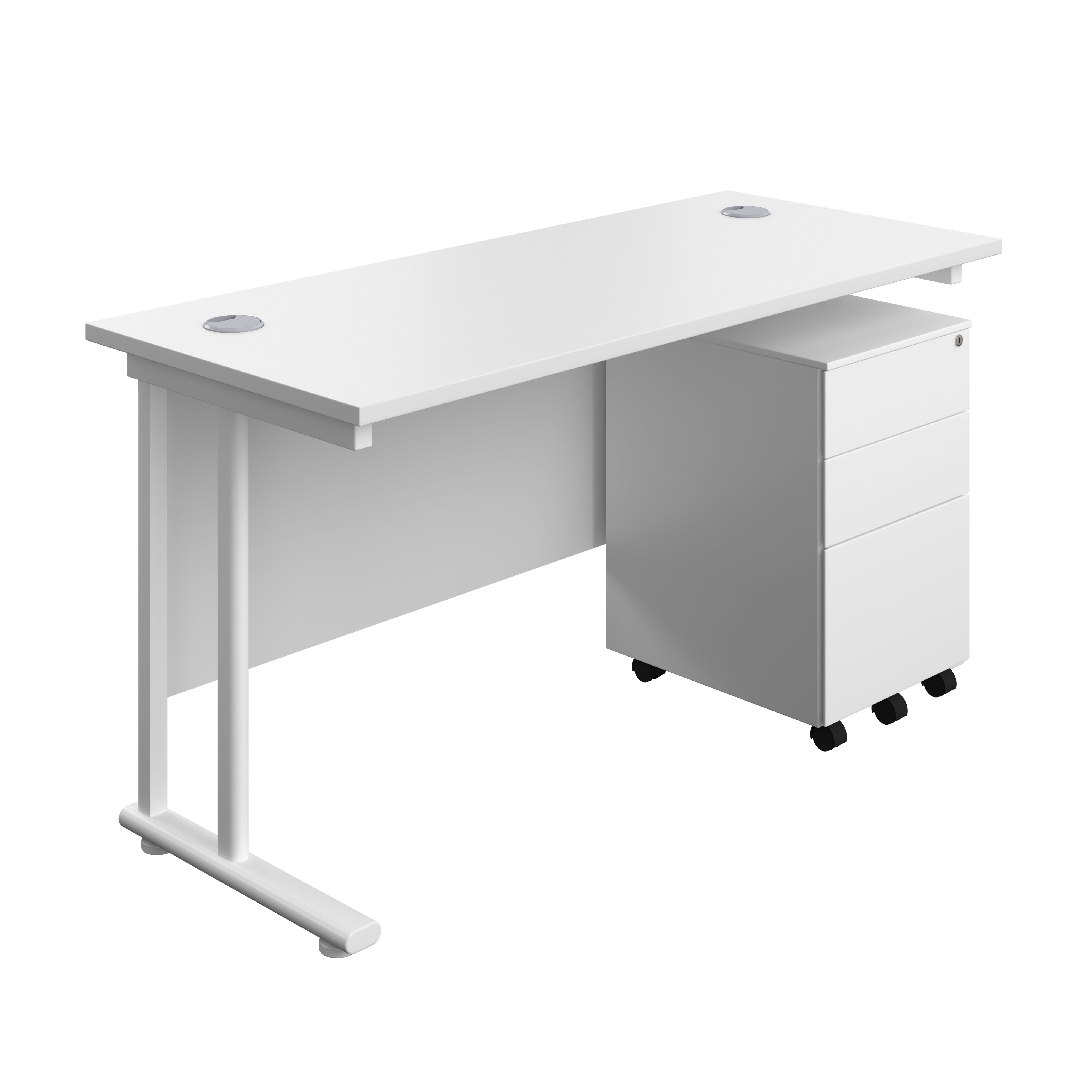 Twin Upright Rectangular Desk + Under Desk Steel Pedestal 3 Drawers (FSC) | 1400X600 | White/White