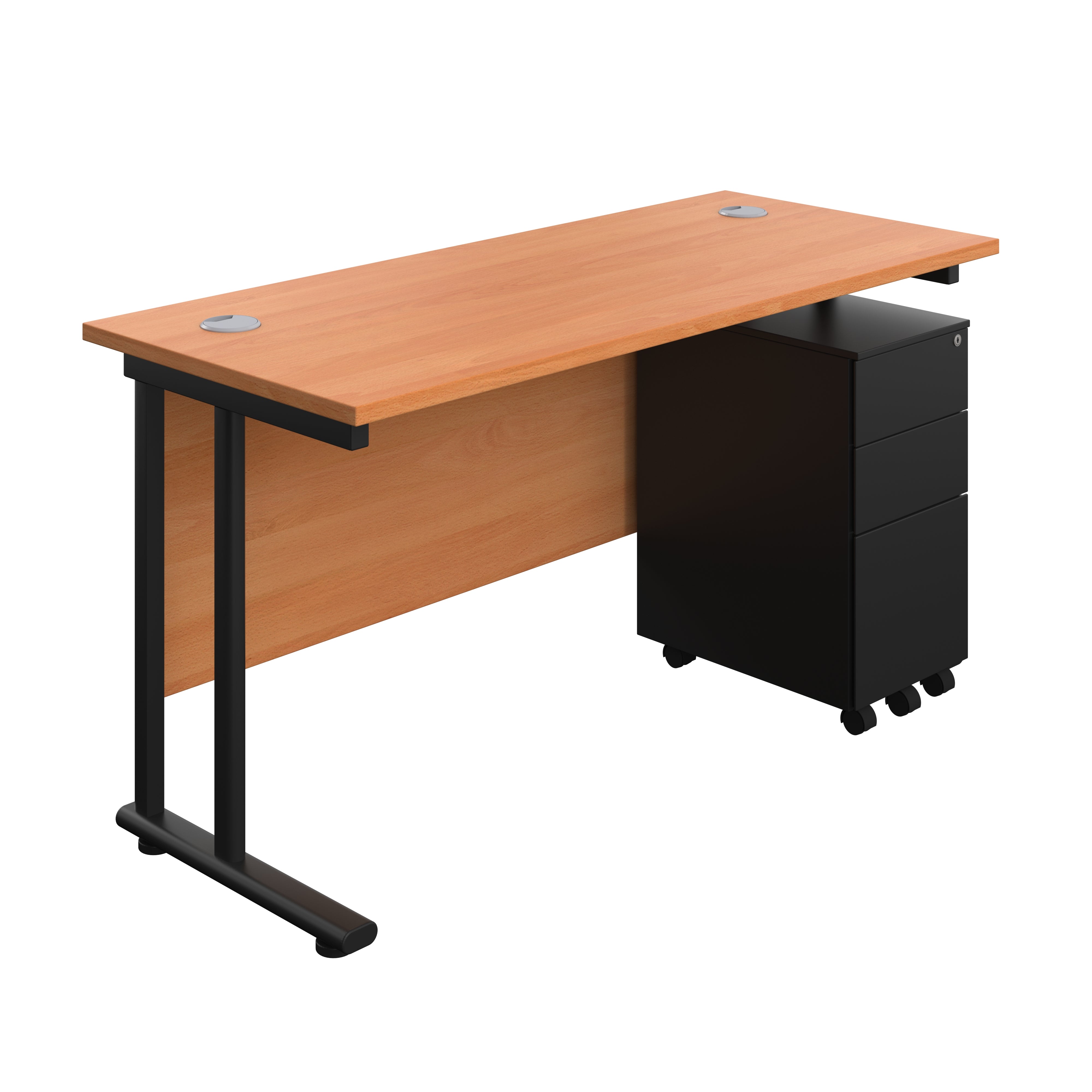 Twin Upright Rectangular Desk + Slimline Steel Pedestal 3 Drawers (FSC) | 1400X600 | Beech/Black