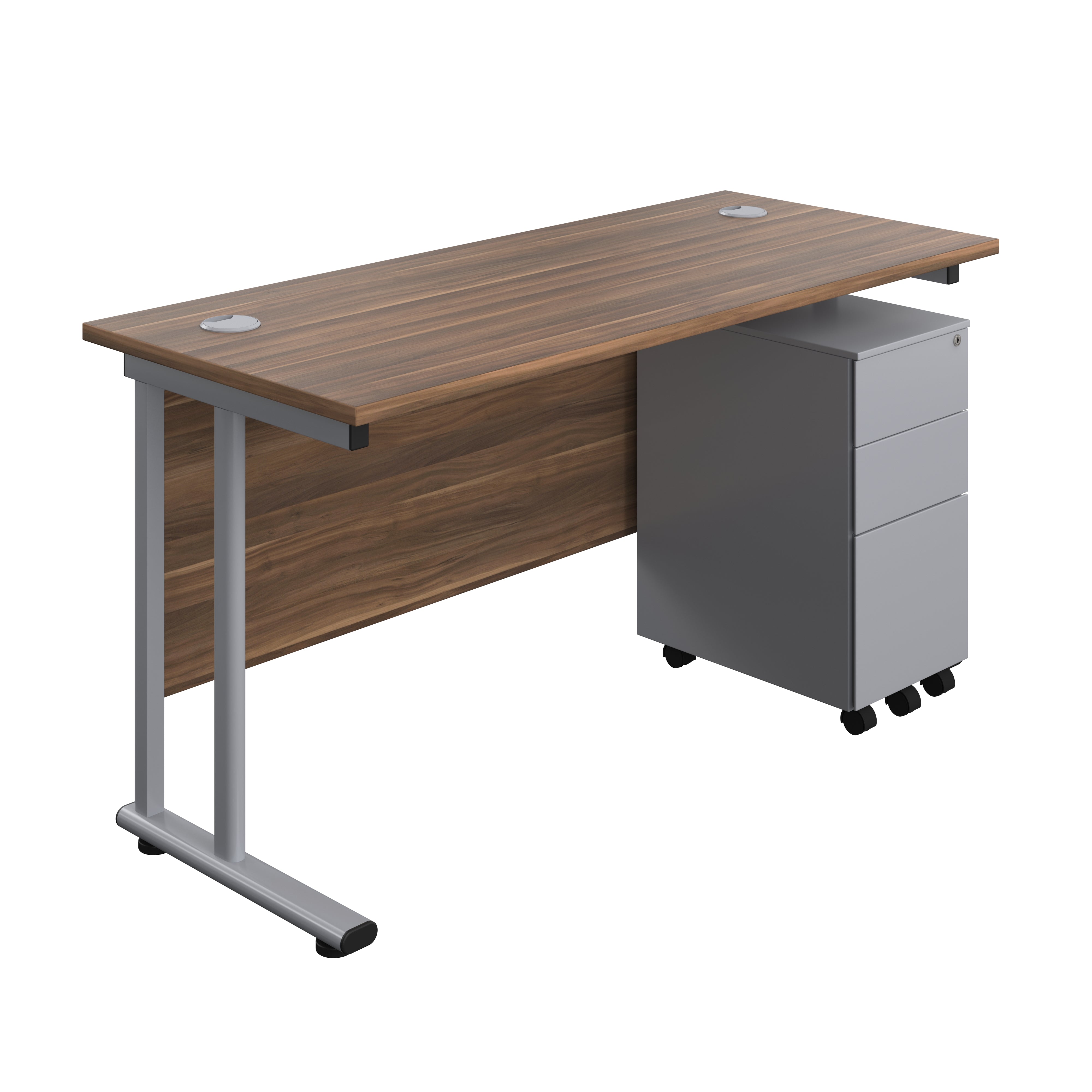 Twin Upright Rectangular Desk + Slimline Steel Pedestal 3 Drawers (FSC) | 1400X600 | Dark Walnut/Silver