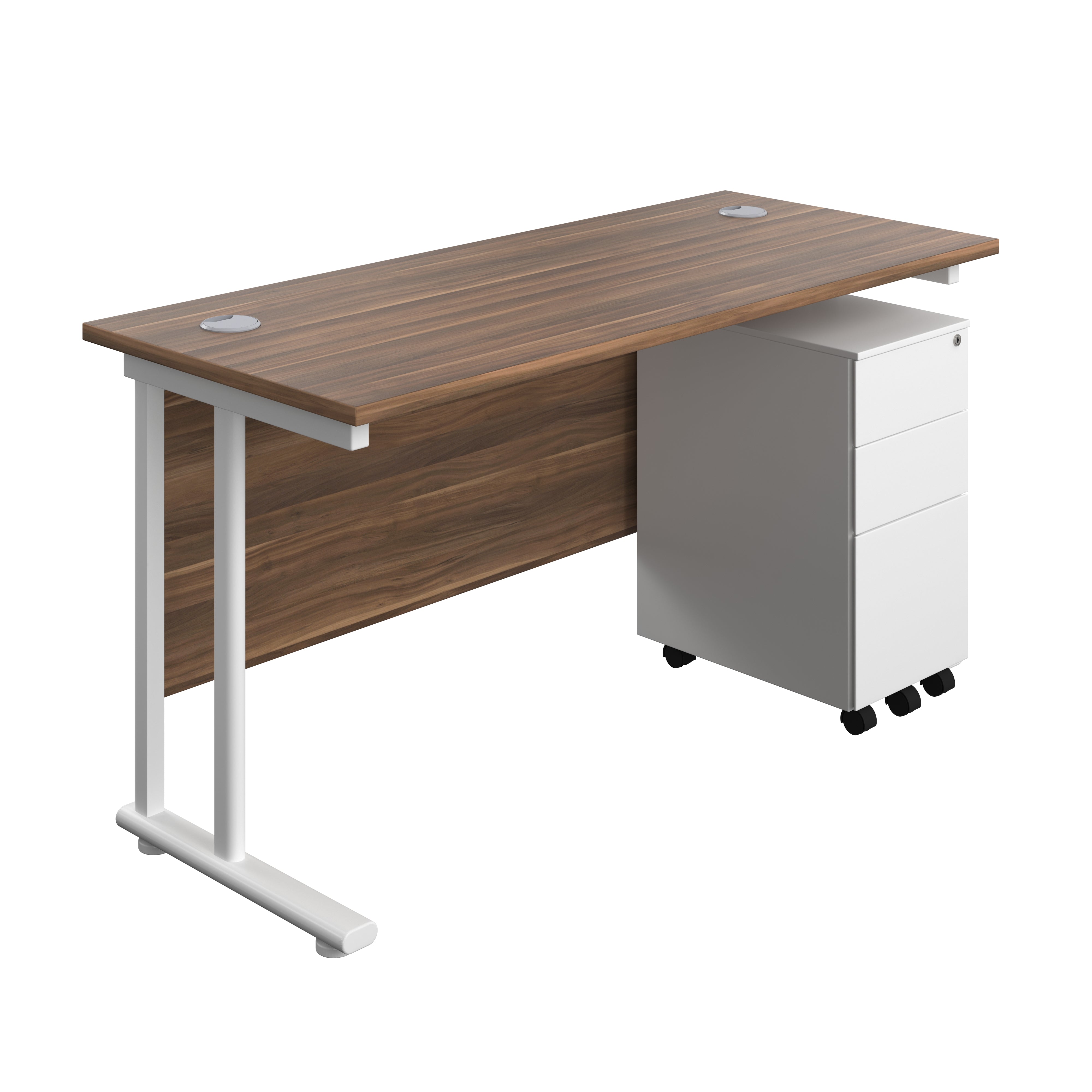 Twin Upright Rectangular Desk + Slimline Steel Pedestal 3 Drawers (FSC) | 1400X600 | Dark Walnut/White